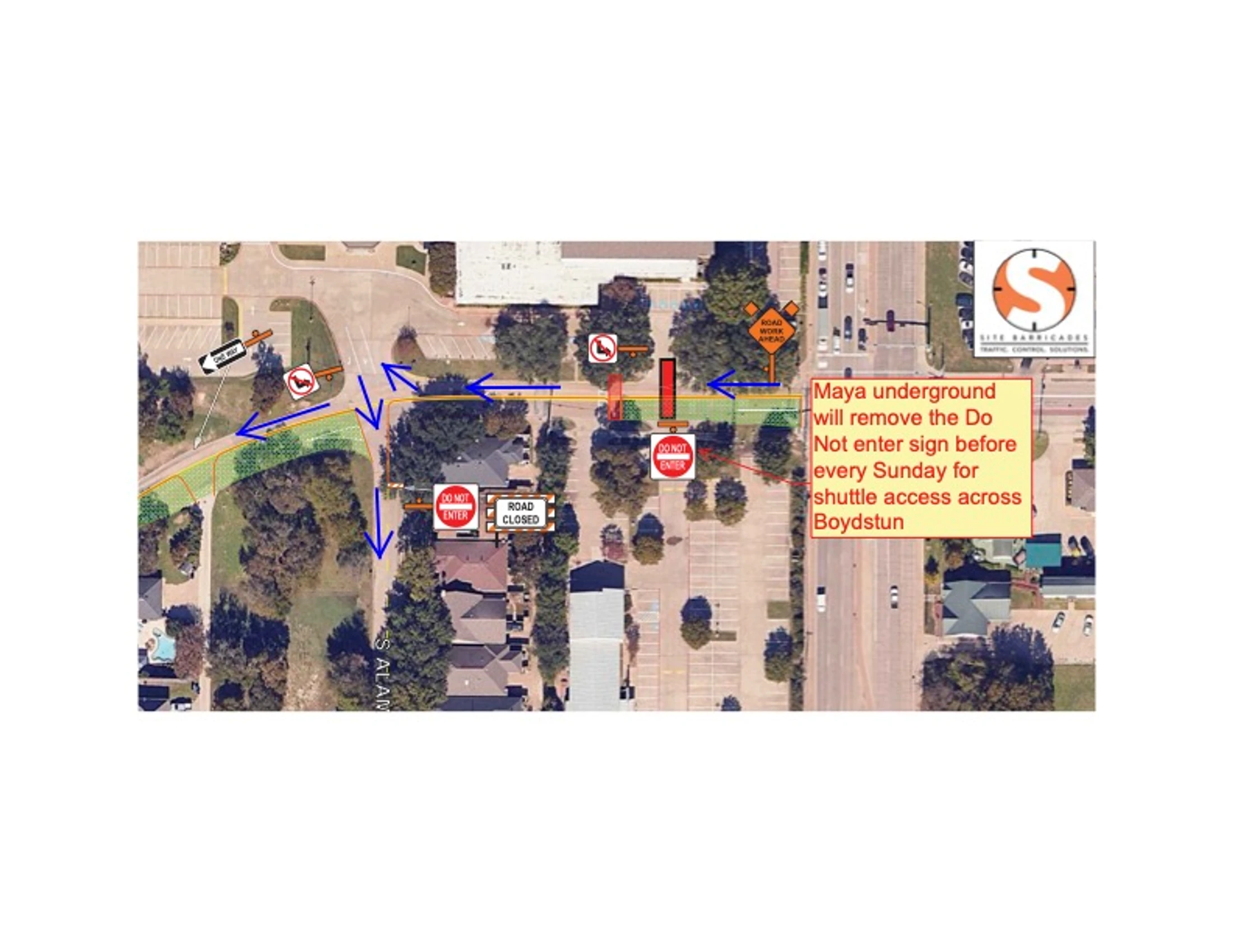An aerial map showing a traffic control plan. Blue arrows indicate a detour route around a road closure marked by traffic signs like 'Road Closed'.