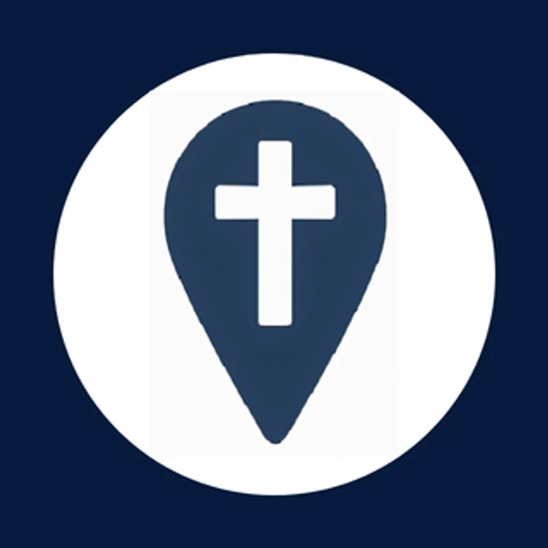 A dark blue map pin icon with a white Christian cross in the center, enclosed in a white circle on a dark blue background.