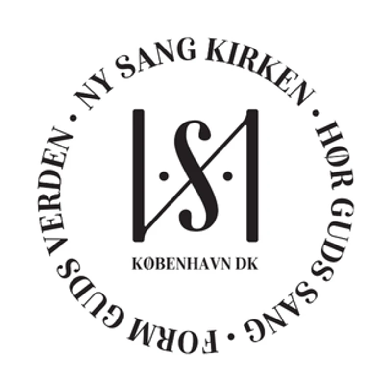 A circular black and white logo for Ny Sang Kirken in Copenhagen. It features a central 'LS' monogram and Danish text around the circumference.