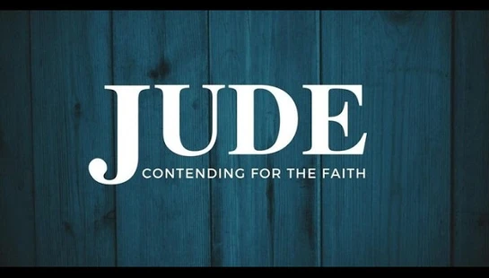 White text on a dark teal wood background reads 'Jude: Contending for the Faith'.