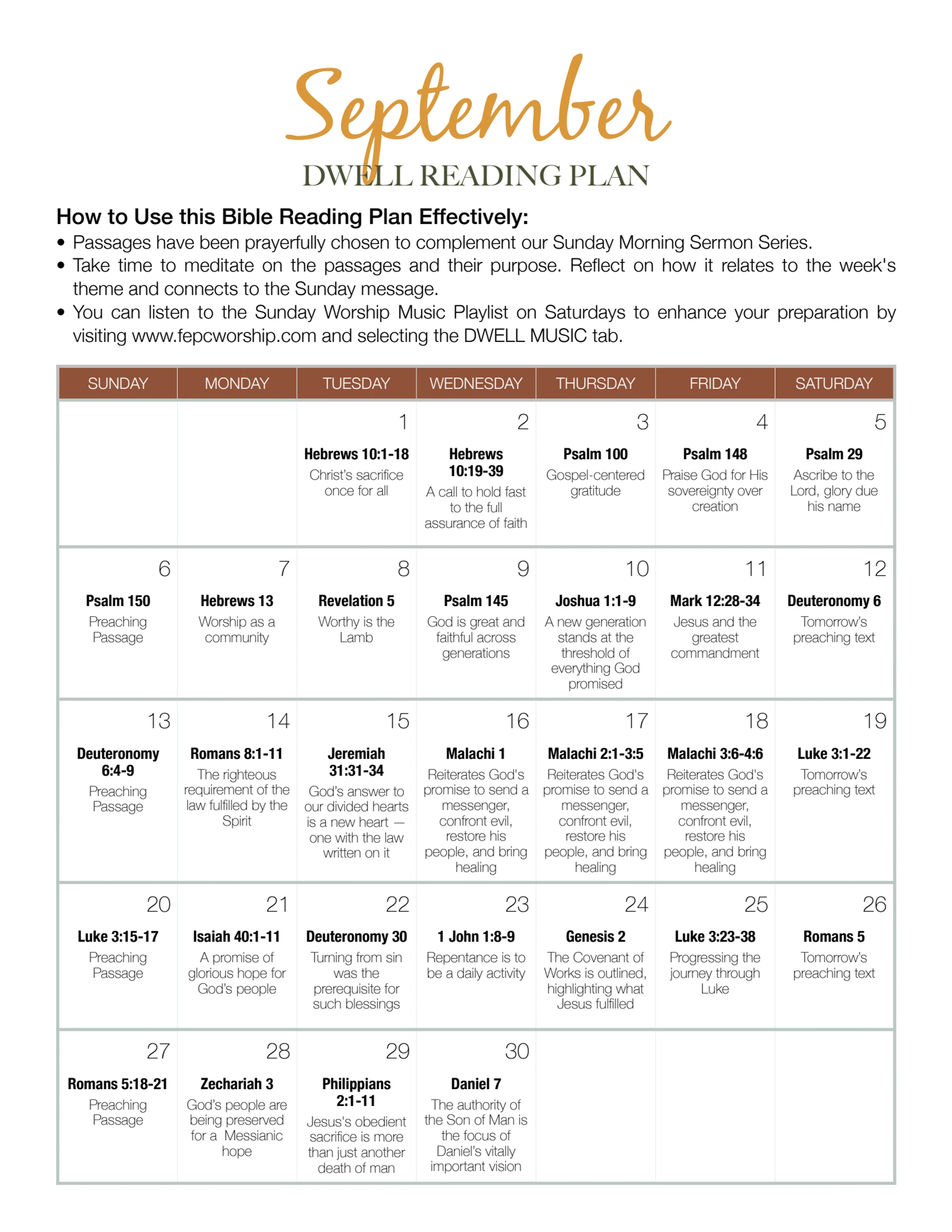 A September calendar titled 'Dwell Reading Plan' that lists a different Bible scripture passage and a brief description for each day of the month.