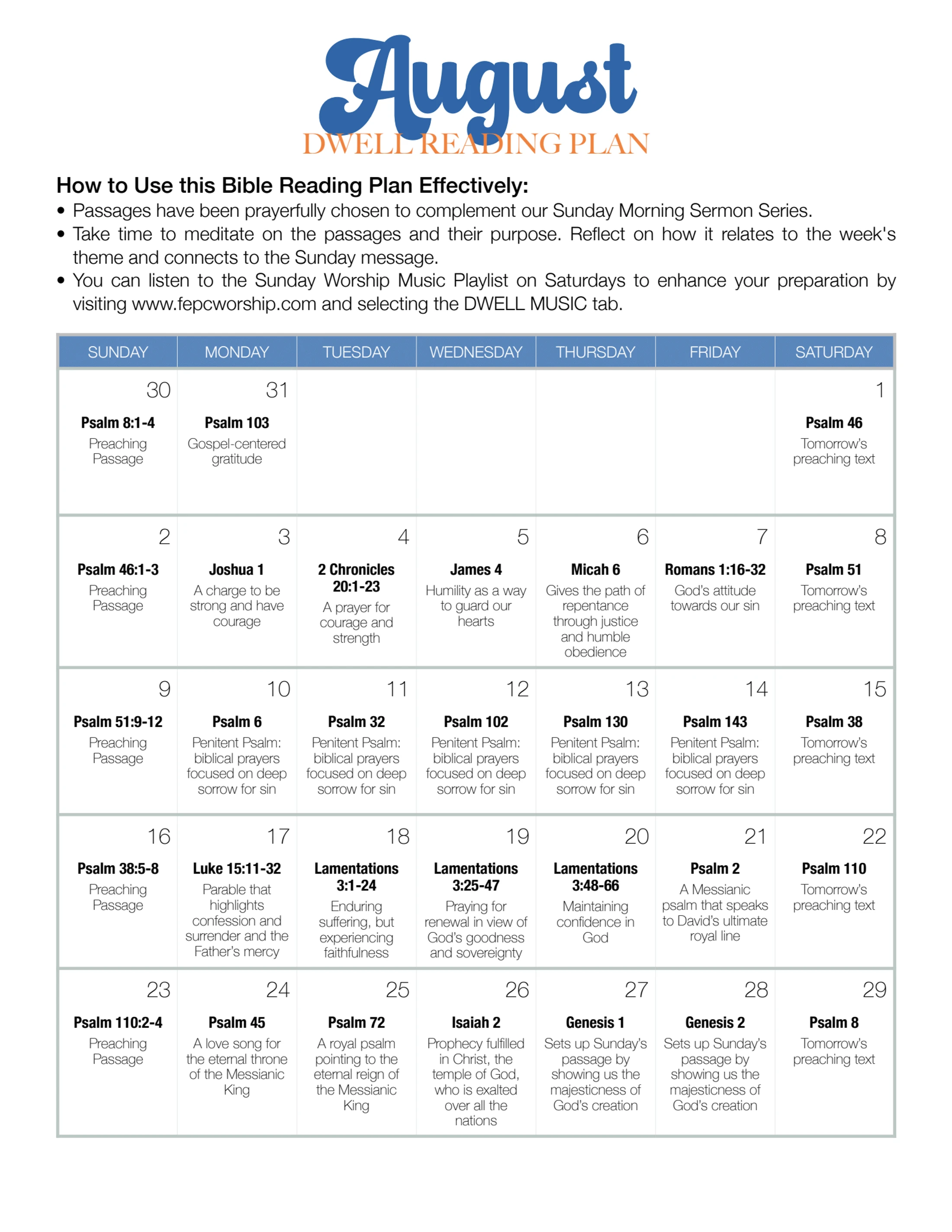A calendar-style Bible reading plan for August. Each day lists a specific scripture passage and a short description of its theme to prepare for Sunday sermons.