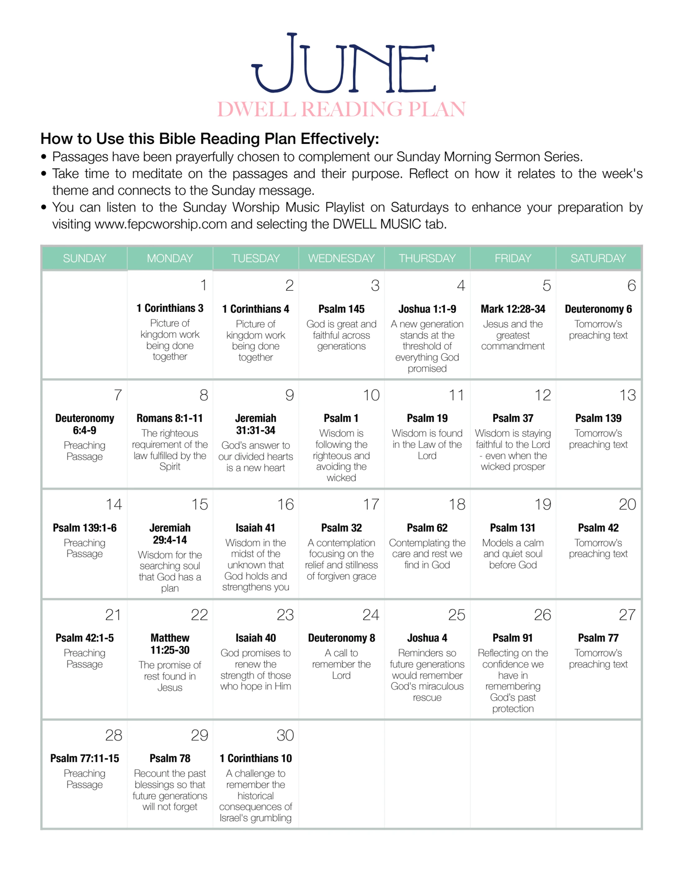 A calendar-style Bible reading plan for the month of June, titled 'Dwell Reading Plan,' with a scripture passage and a short description for each day.