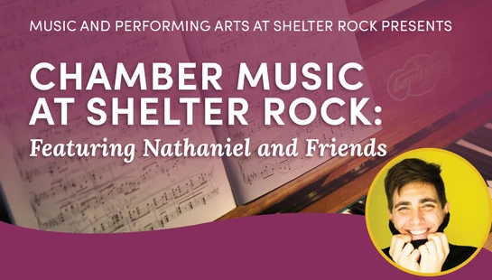 A promotional graphic for a chamber music concert over an image of sheet music, with a circular photo of a smiling man in the corner.