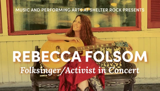 Promotional graphic for Rebecca Folsom's concert. A woman with red hair sits on a bench in a red dress and cowboy boots, holding a guitar and smiling.