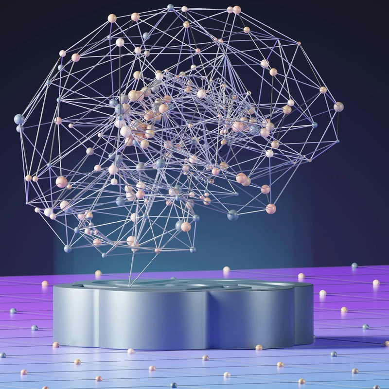 An abstract, brain-shaped network of connected nodes sits on a pedestal shaped like an at-symbol, all on a purple and blue gridded surface.