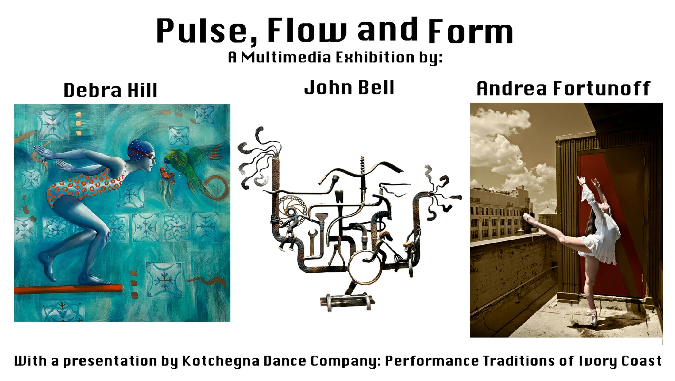 A poster for an exhibition called "Pulse, Flow and Form," displaying three artworks: a painting of a swimmer, a metal sculpture, and a photo of a dancer.