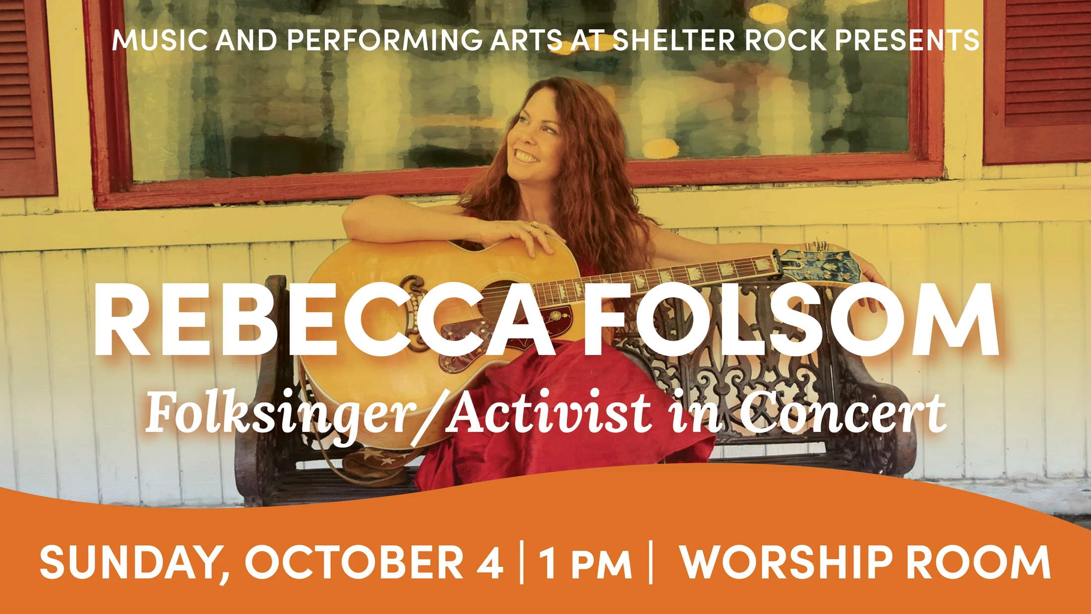 A poster for a Rebecca Folsom concert. A woman with red hair smiles, holding an acoustic guitar while sitting on a bench. Text announces the event details.