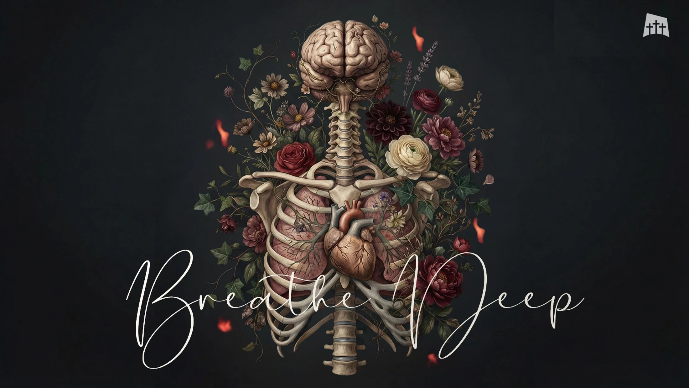 An artistic rendering of a human skeleton, brain, and heart, intertwined with blooming flowers. Below, the words 'Breathe Deep' appear in cursive.