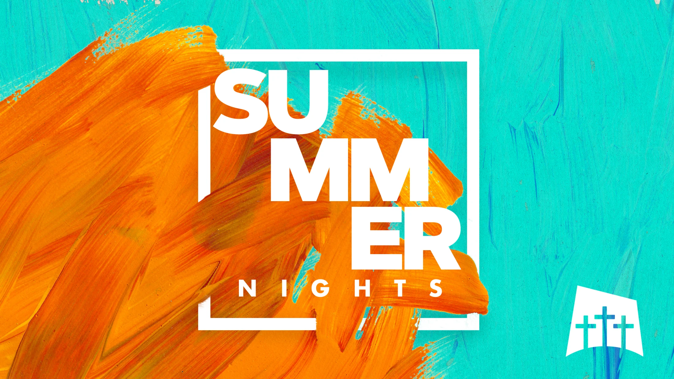 The words 'Summer Nights' in white text inside a square frame, set against a background of vibrant orange and turquoise paint brushstrokes.