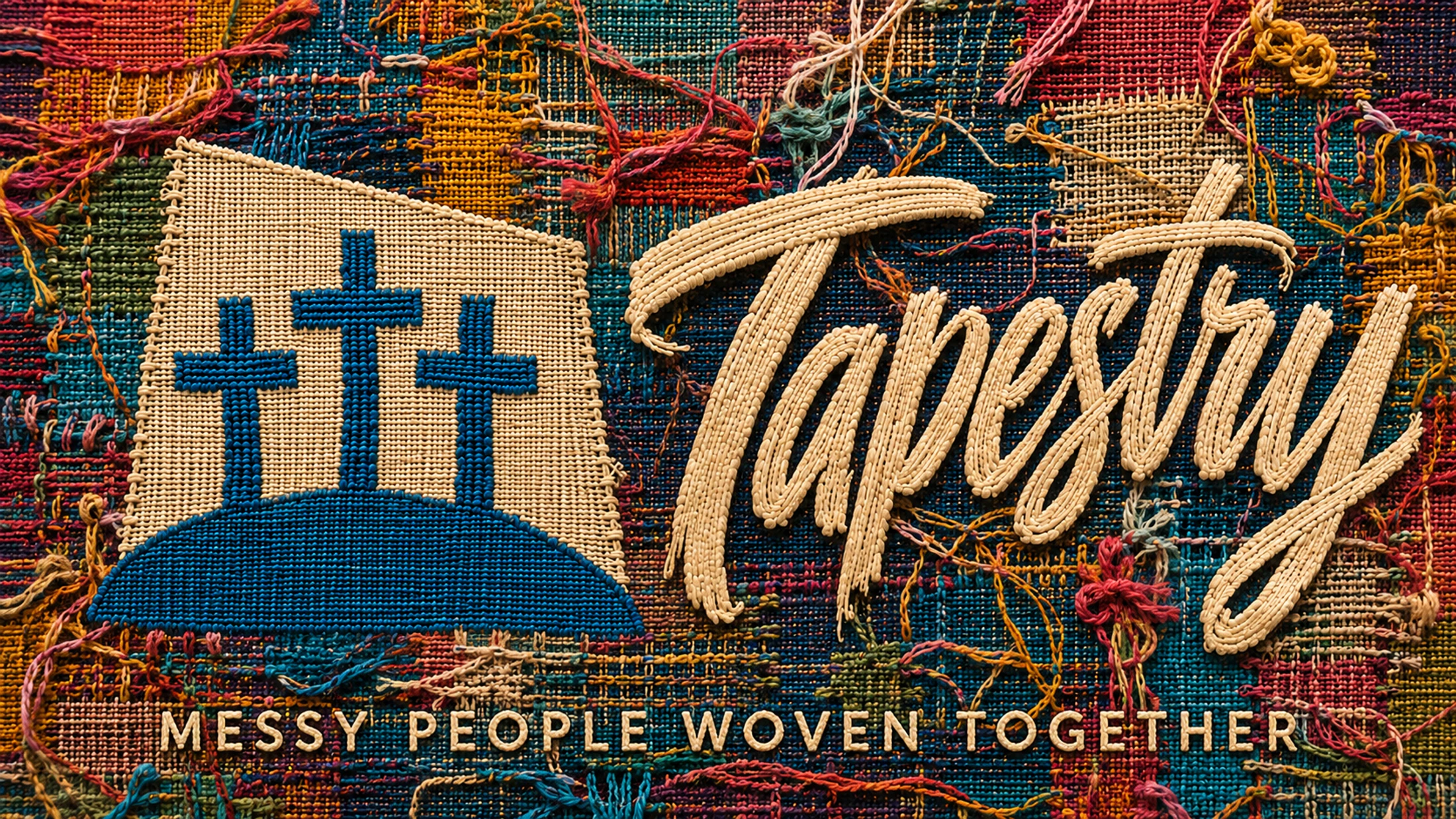 A colorful woven tapestry with loose threads features three blue crosses and text that reads, "Tapestry. Messy people woven together."