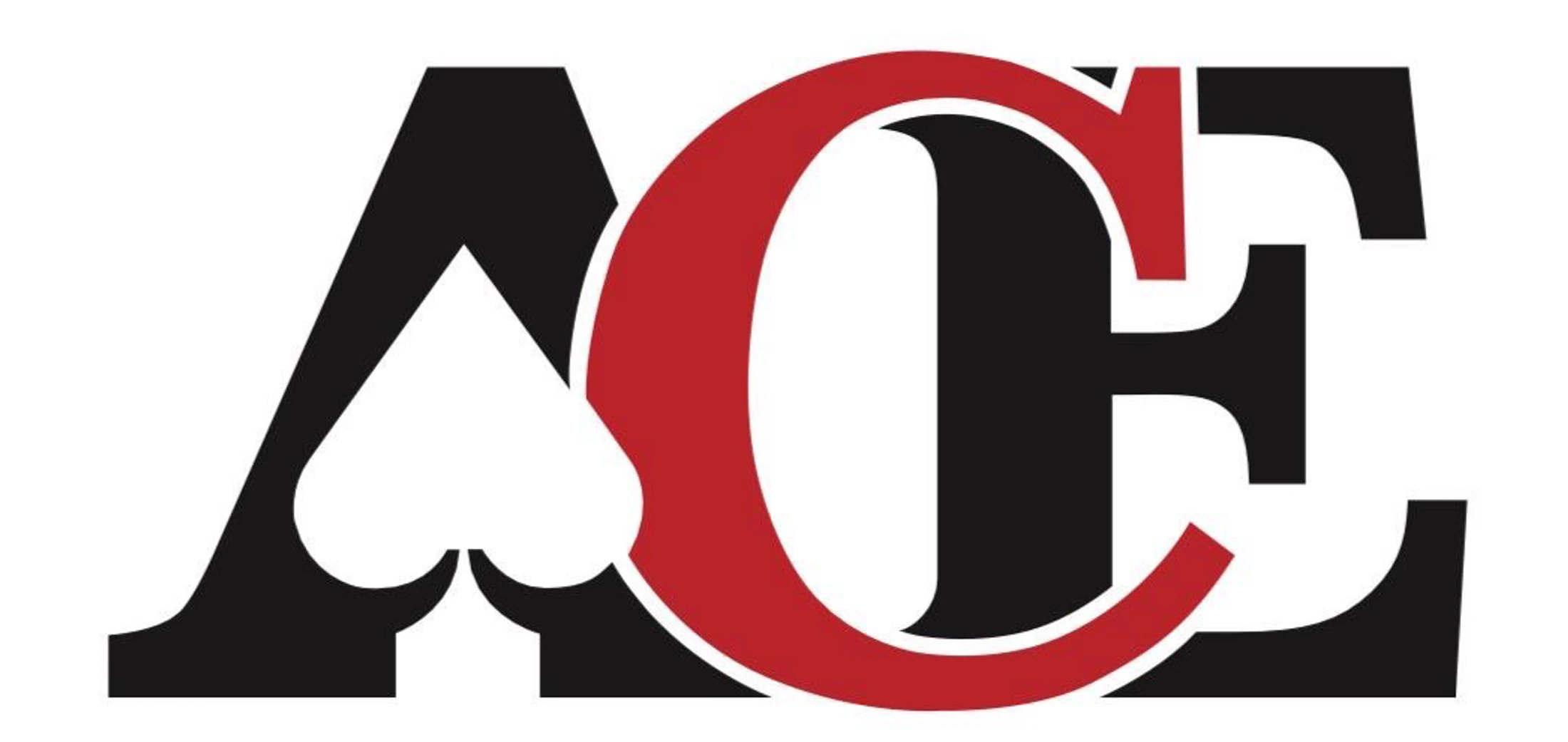 The word ACE is shown in a stylized font. The letter A is black with a white spade in the negative space. The C is red, and the E is black.