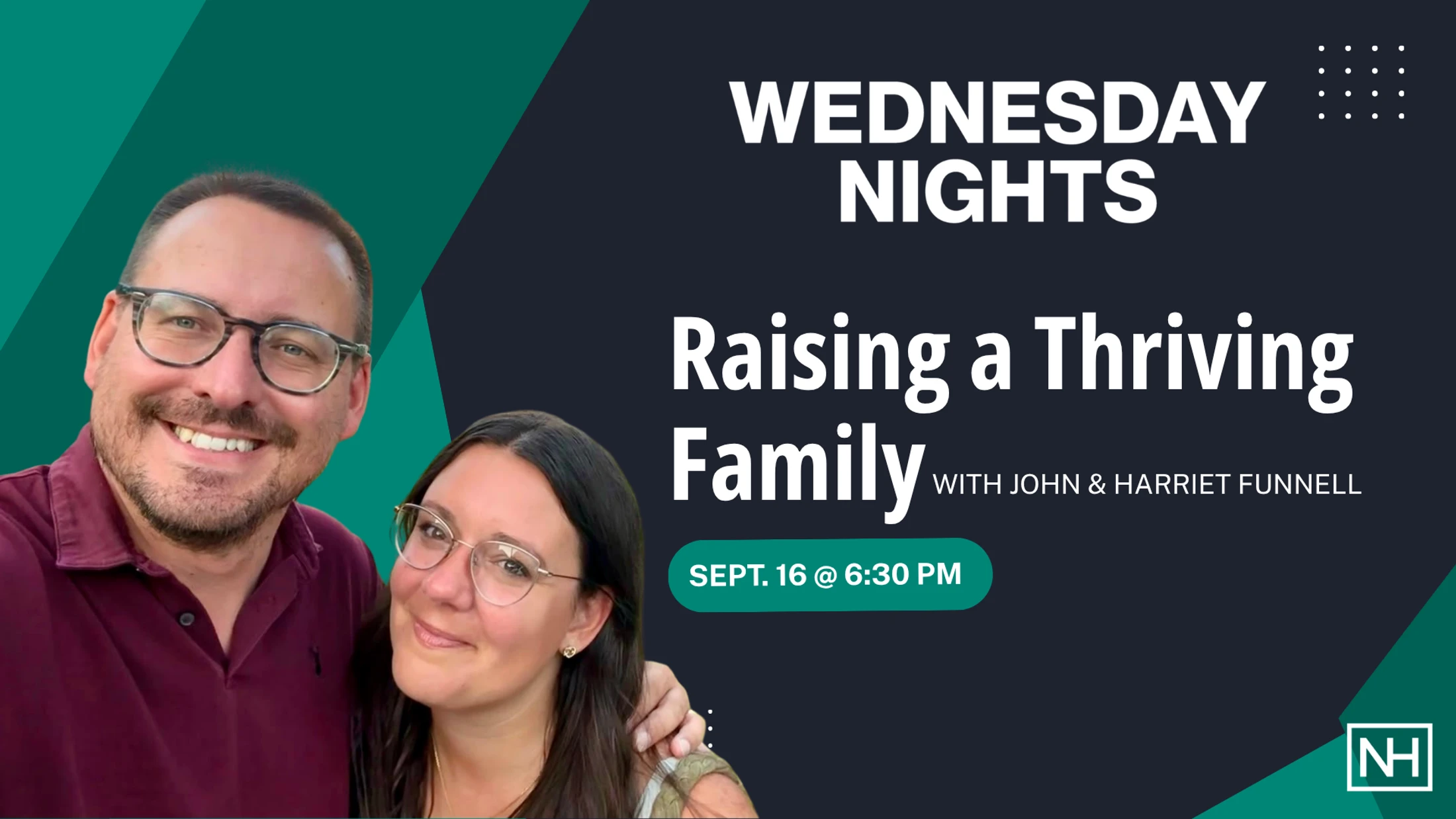 A promotional graphic for an event called 'Raising a Thriving Family' with a photo of the speakers, John and Harriet Funnell, smiling.