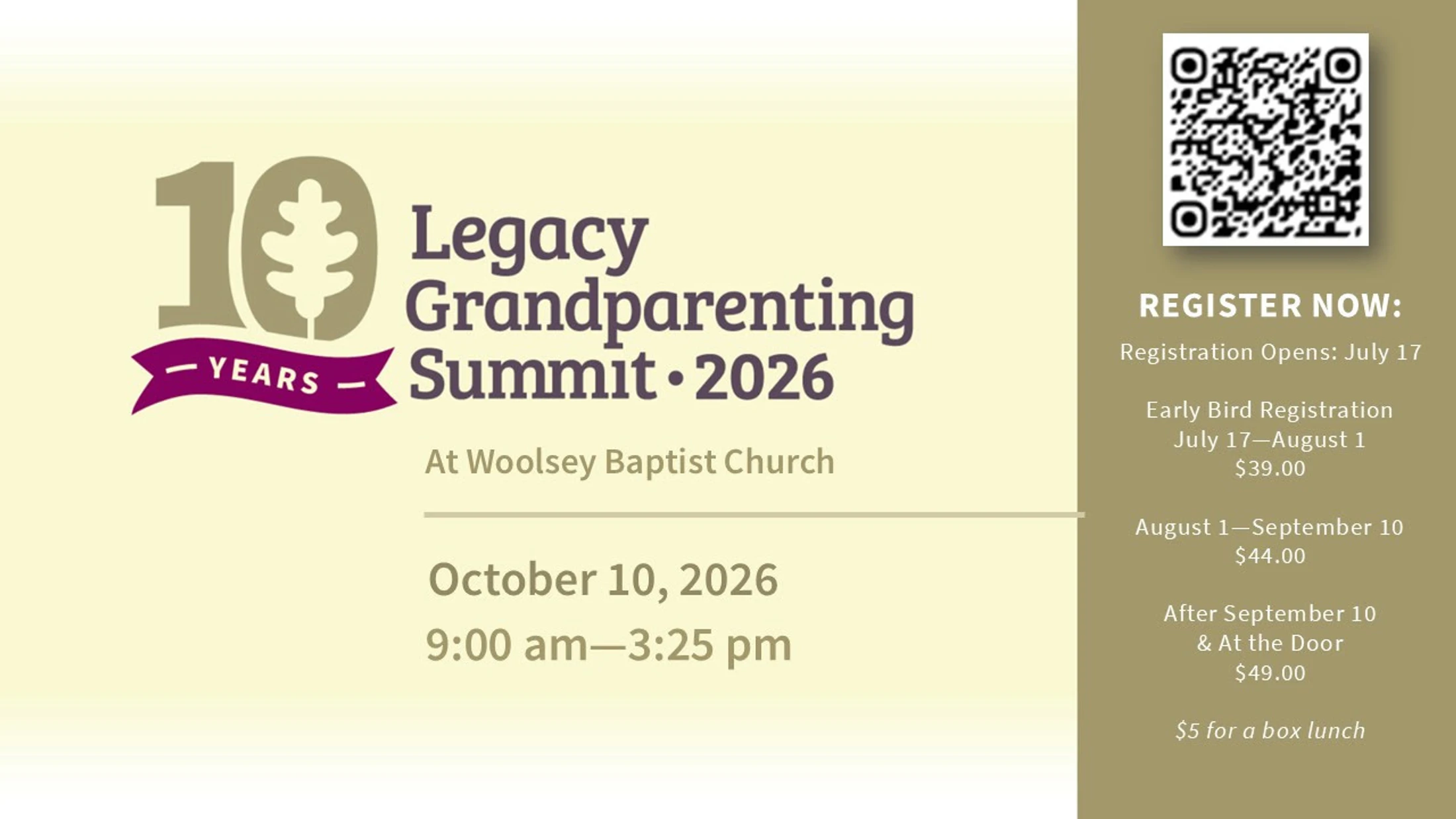 An announcement for the Legacy Grandparenting Summit 2026 at Woolsey Baptist Church on October 10, including registration dates, prices, and a QR code.