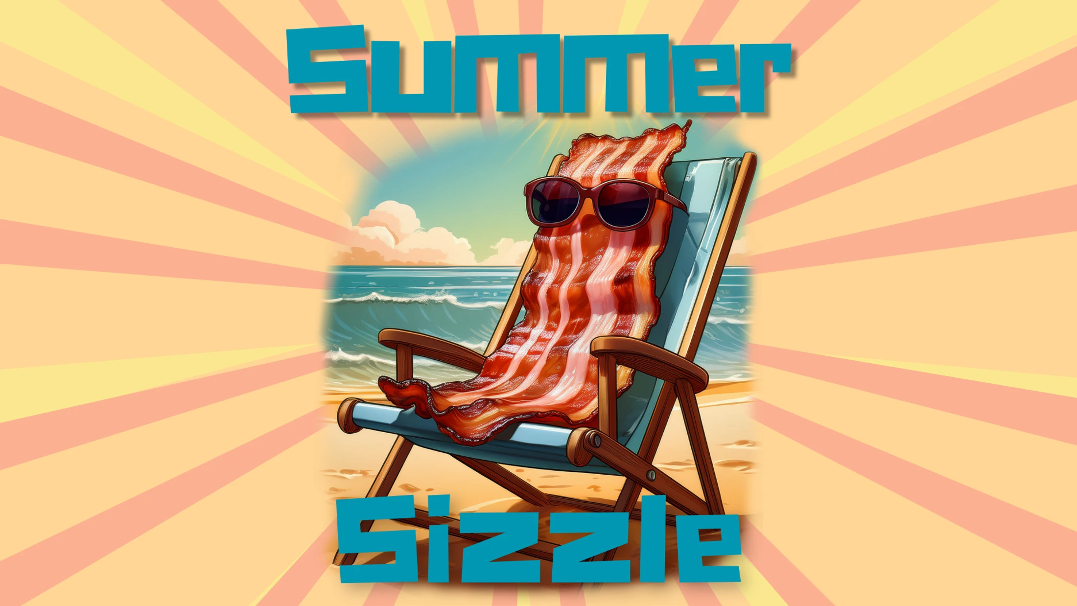 A cartoon strip of bacon with sunglasses relaxes in a beach chair by the ocean. The words 'Summer Sizzle' are written above and below the image.