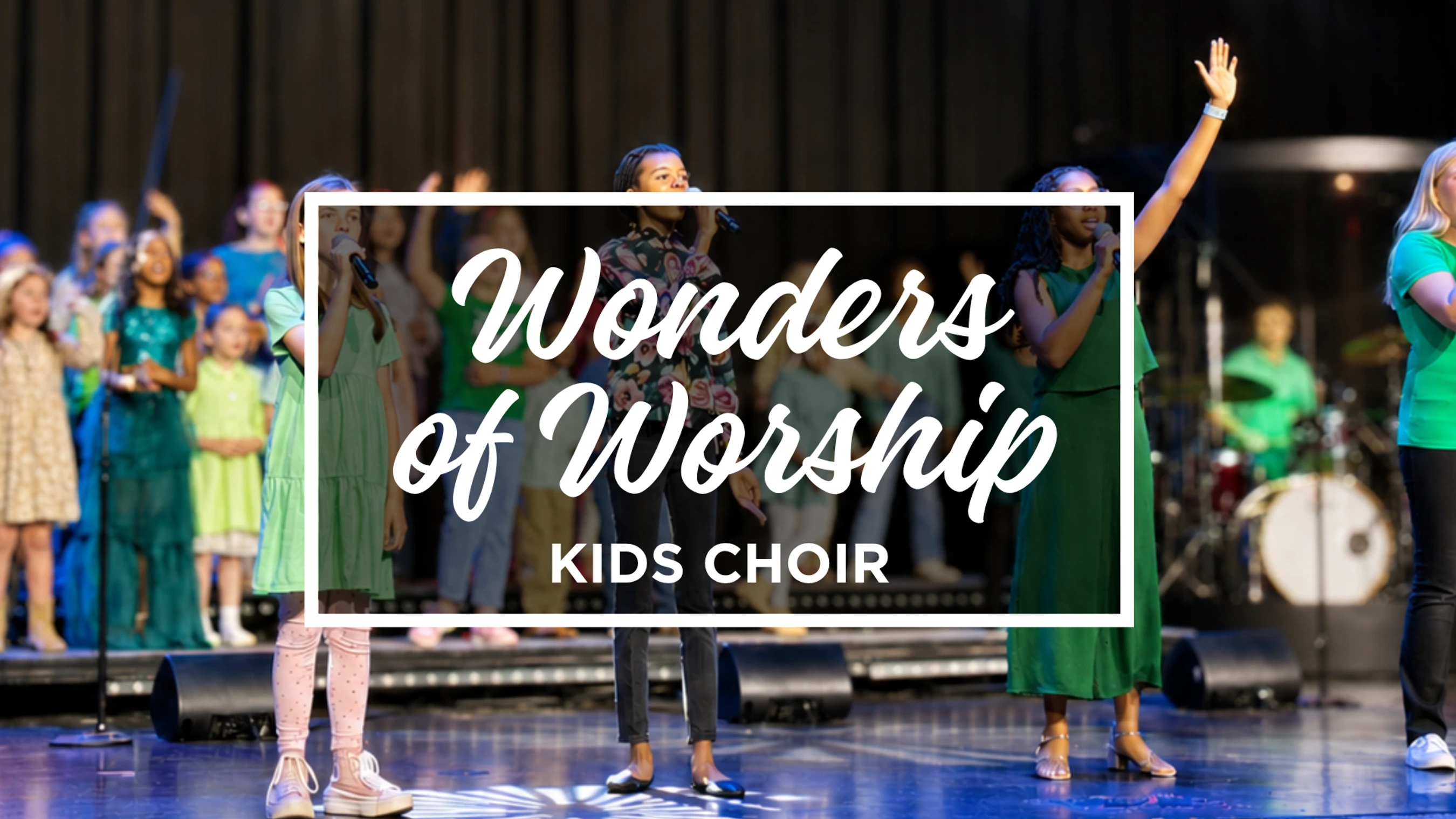 A diverse group of children sing on a stage with microphones. White text overlay reads 'Wonders of Worship Kids Choir'.