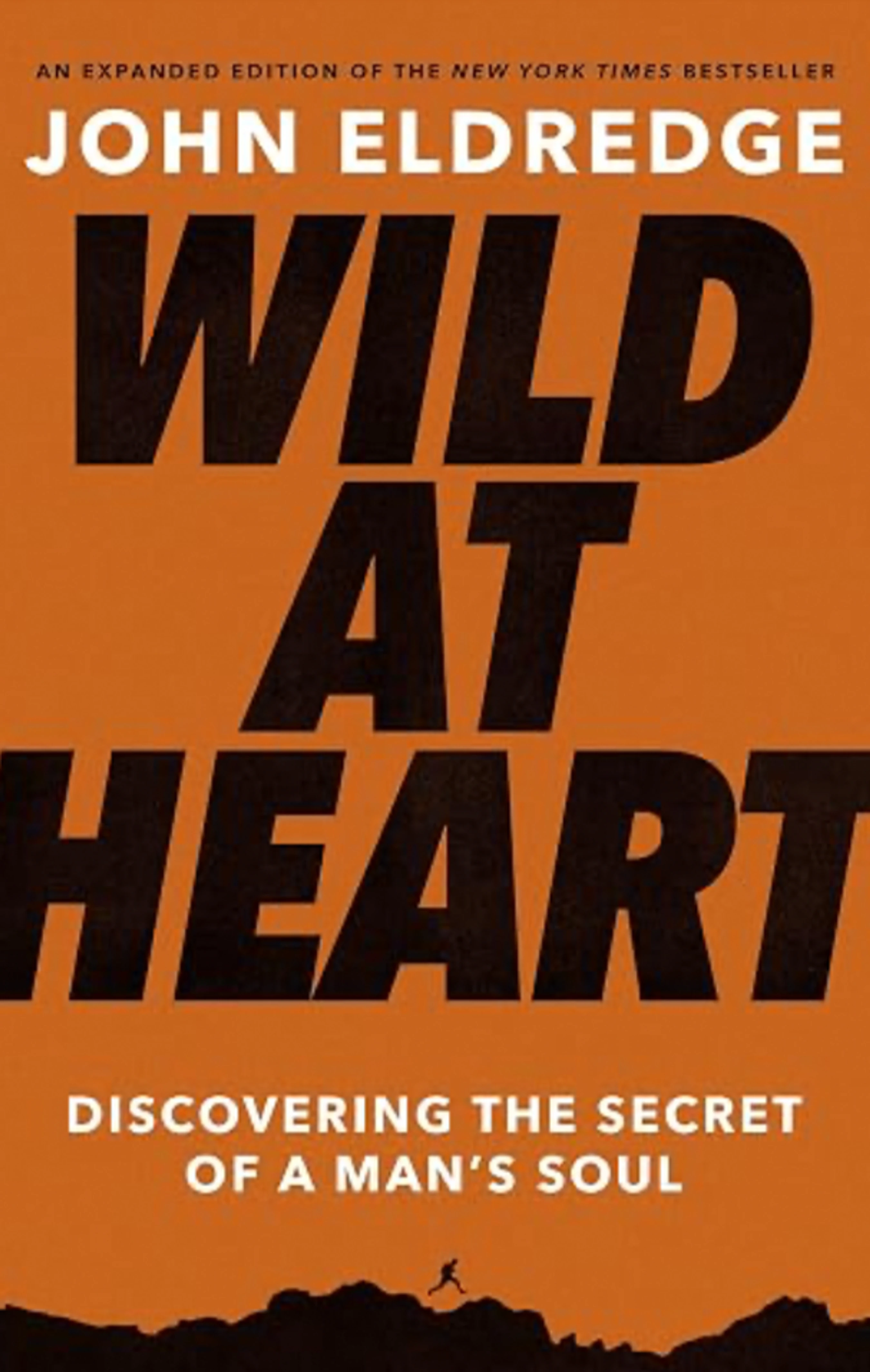 The orange cover of the book 'Wild at Heart' by John Eldredge. The title is in large, bold, black text. A silhouette of a man runs along a ridge at the bottom.