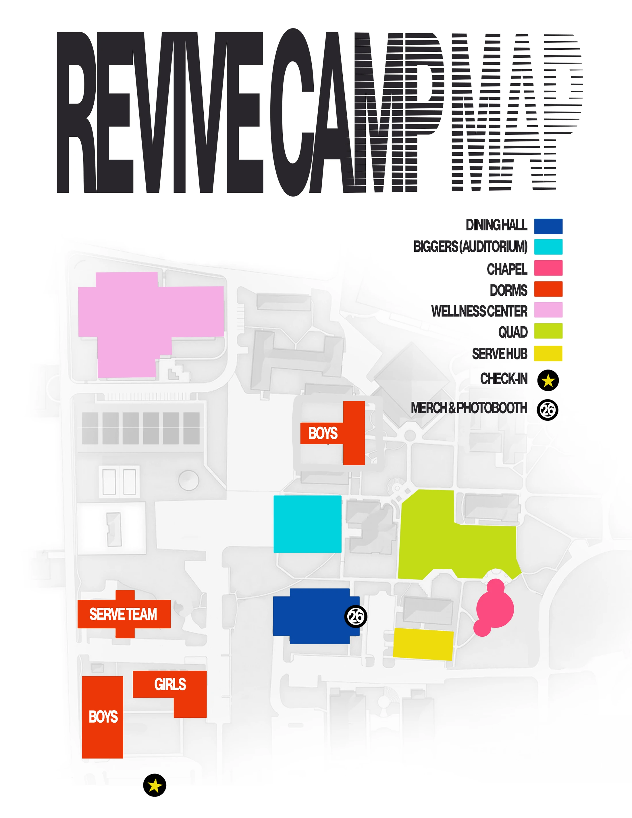 A colorful, stylized map for an event called Revive Camp. It shows the campus layout with a legend indicating locations like dorms, chapel, and dining hall.