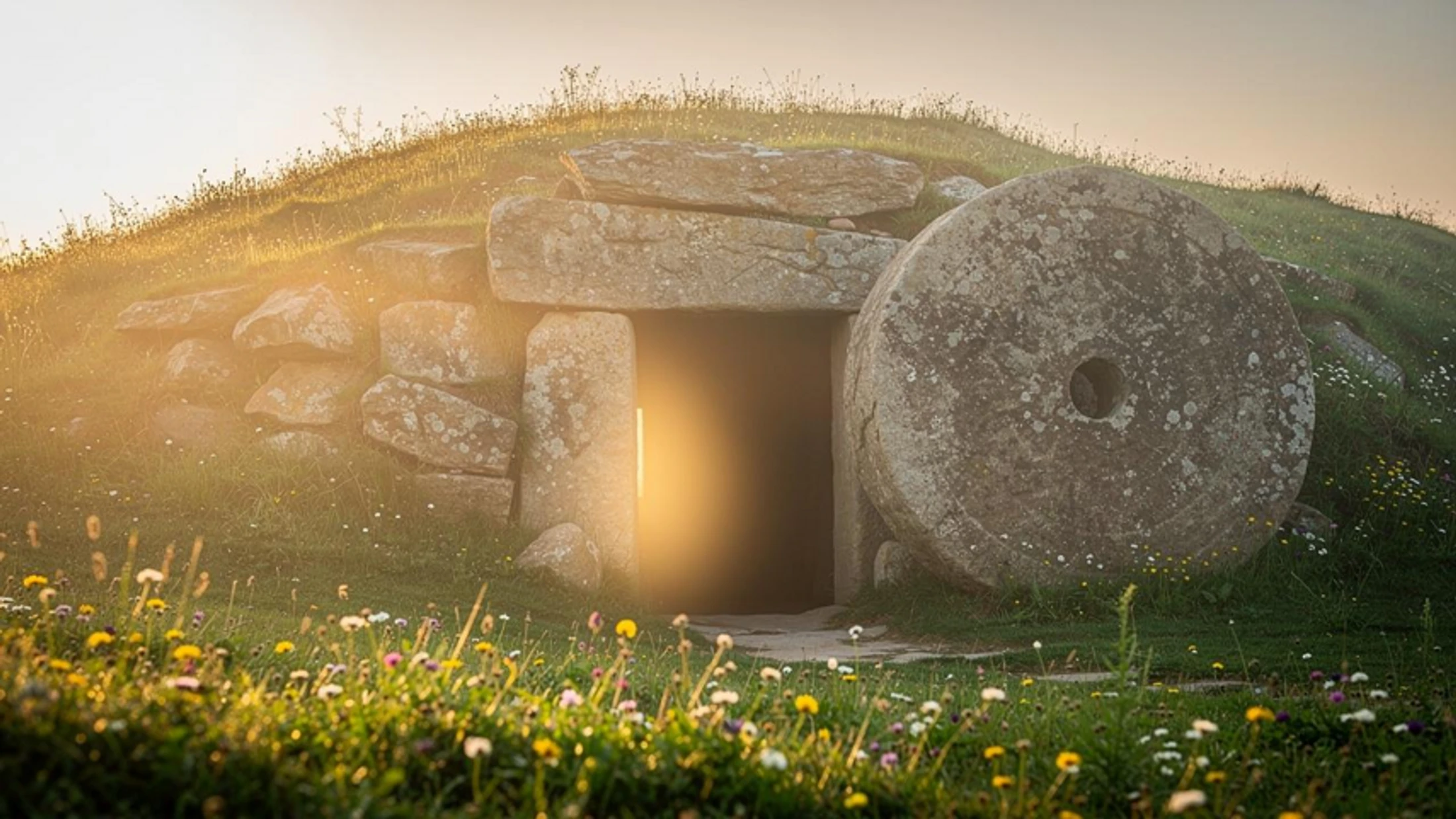 An ancient stone tomb built into a grassy hill, its entrance glowing with golden light at sunrise. A large circular stone rests beside it amid wildflowers.
