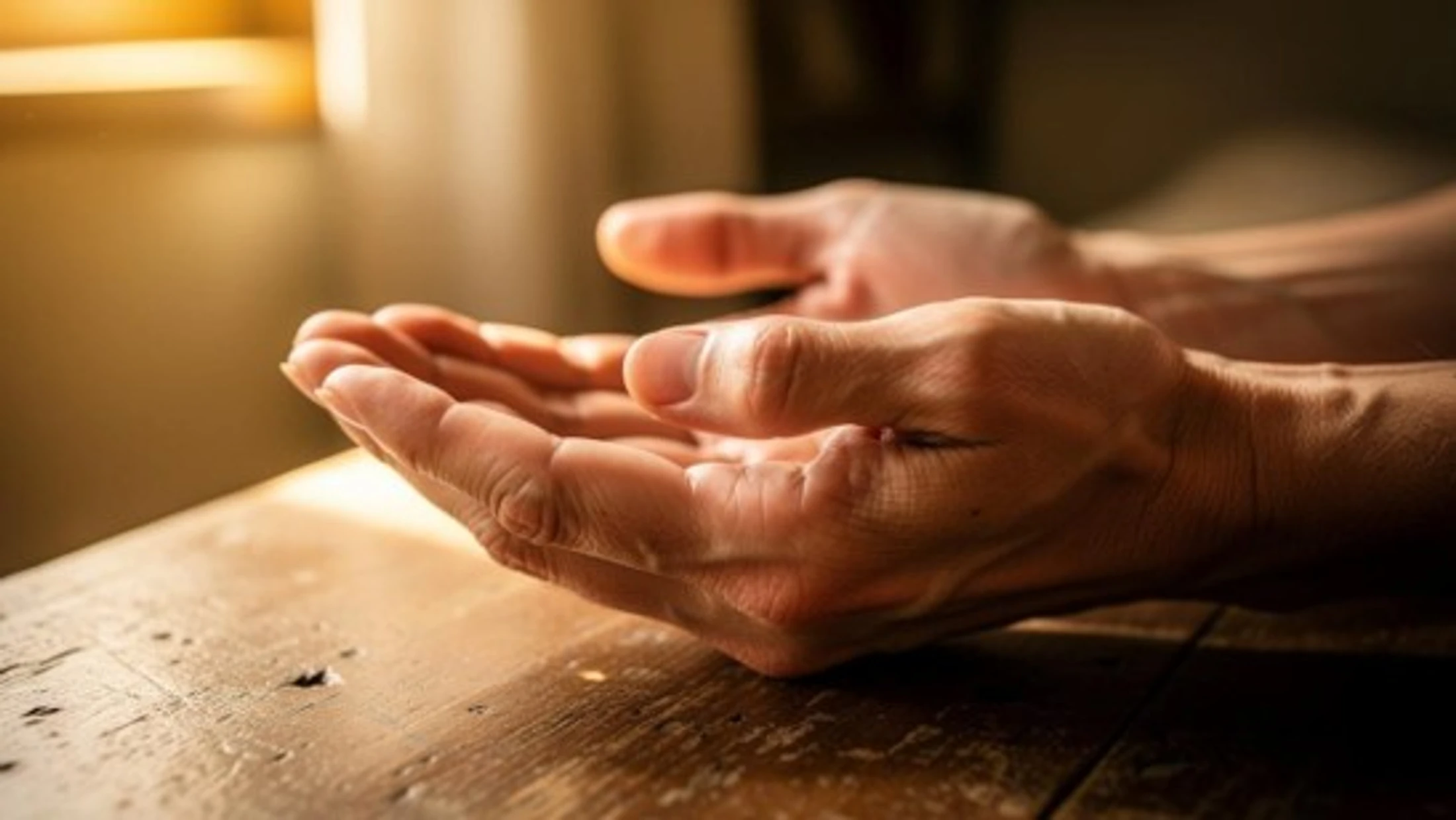 A person's hands are cupped together over a wooden table, palms up, as if in prayer or ready to receive something. Soft, warm light fills the room.
