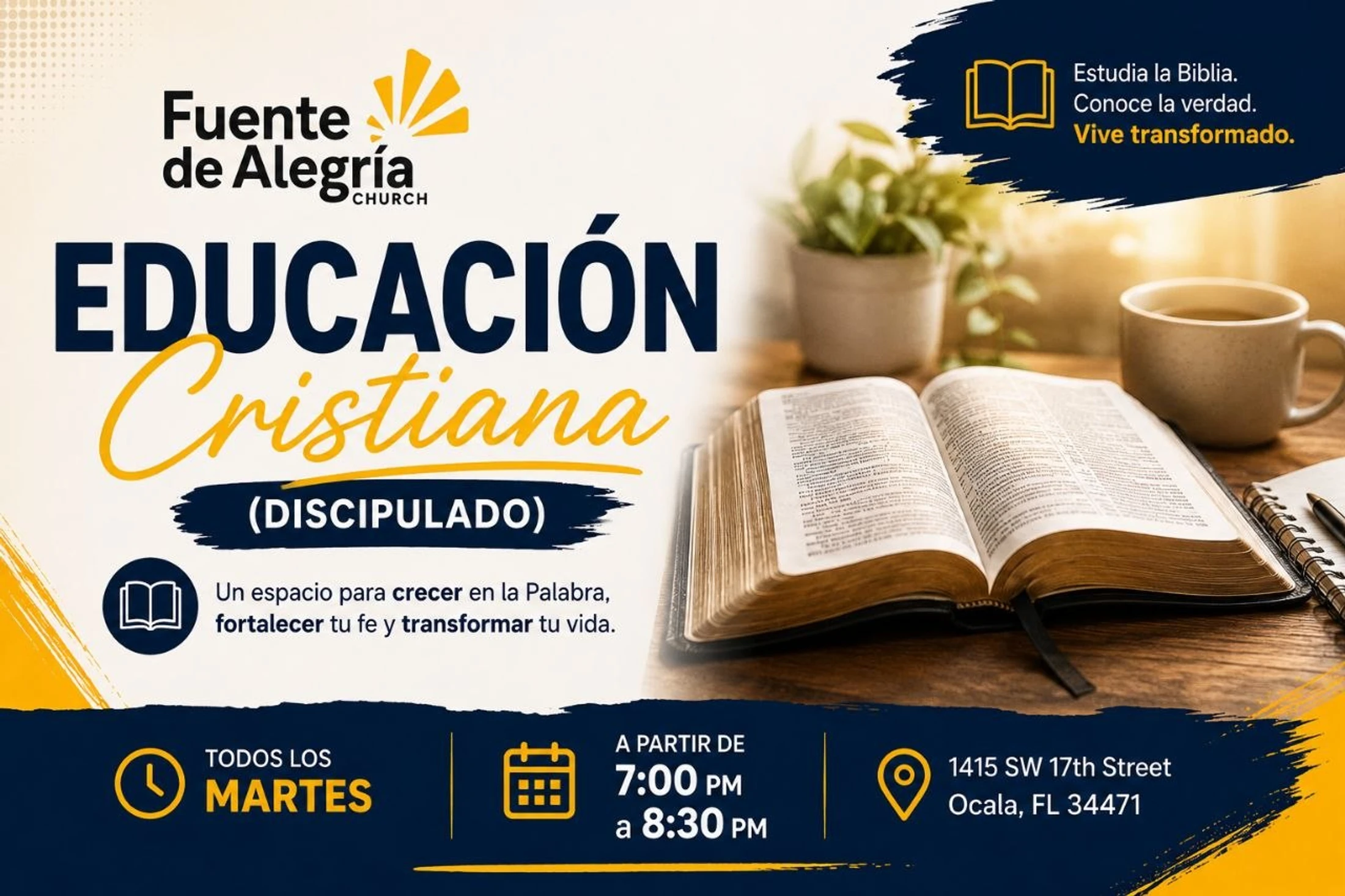 A Spanish-language flyer for a Christian Education class, featuring an open Bible on a table. The event is every Tuesday from 7:00 to 8:30 PM in Ocala, FL.
