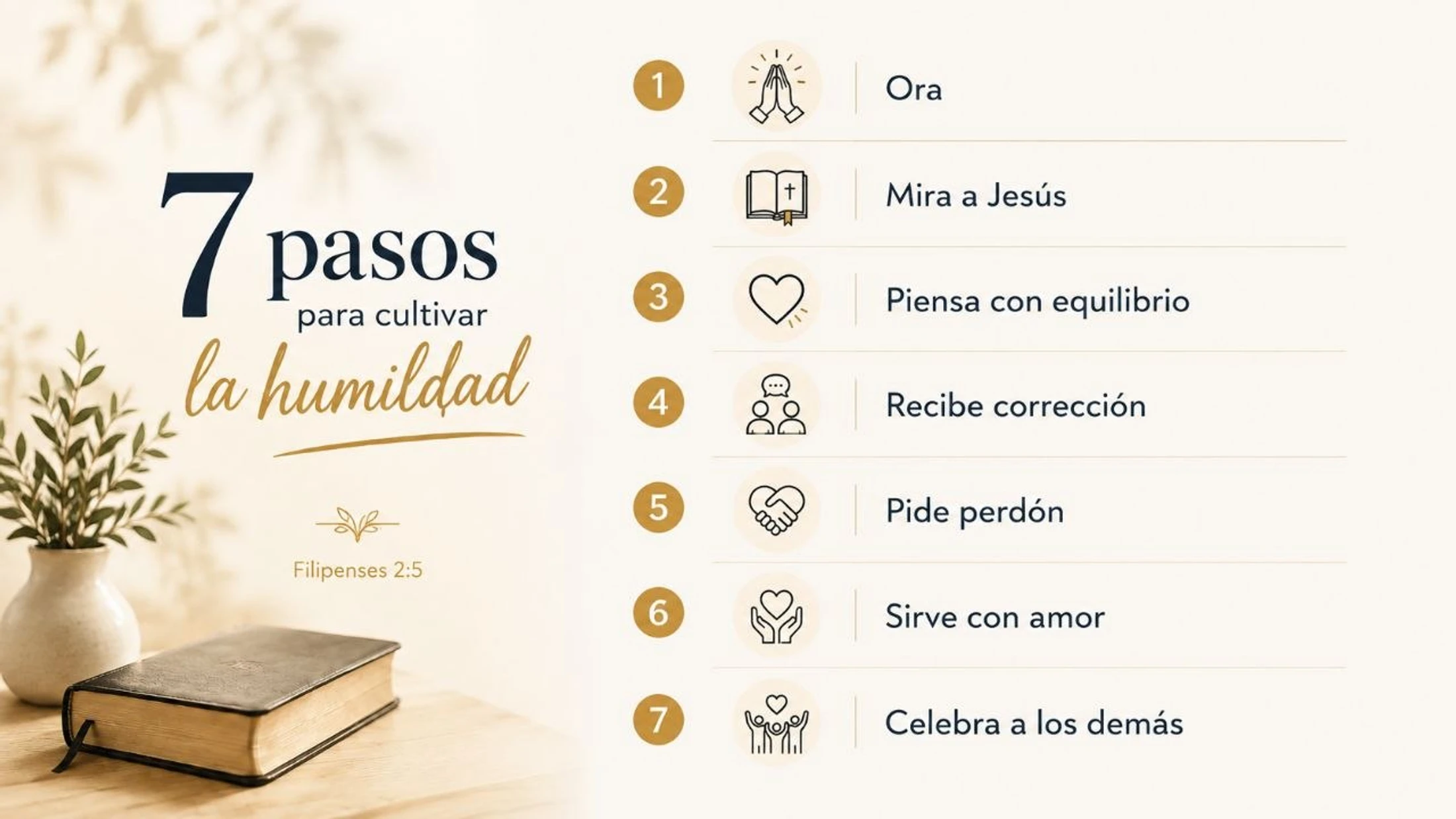 Infografía en español que presenta '7 pasos para cultivar la humildad'. La lista incluye íconos y al lado se ve una Biblia sobre una mesa.