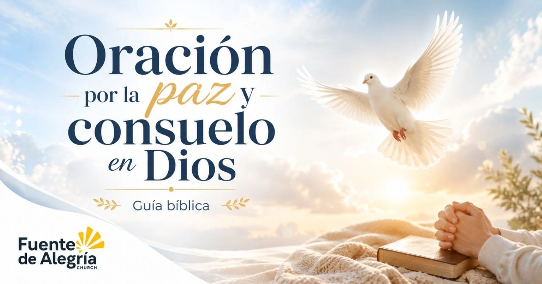 An image with Spanish text showing praying hands over a bible and a white dove flying in a sunny sky, representing peace, comfort, and faith.
