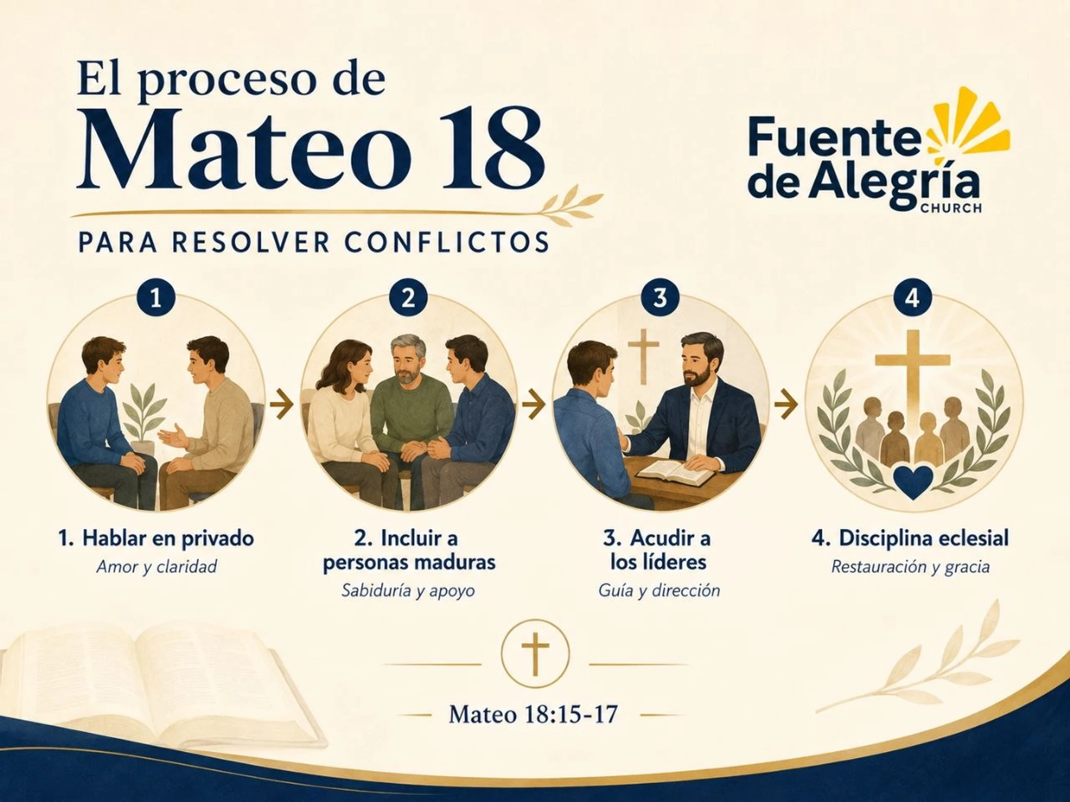 An infographic in Spanish detailing a four-step process for resolving conflicts based on Matthew 18, with illustrations for each step.