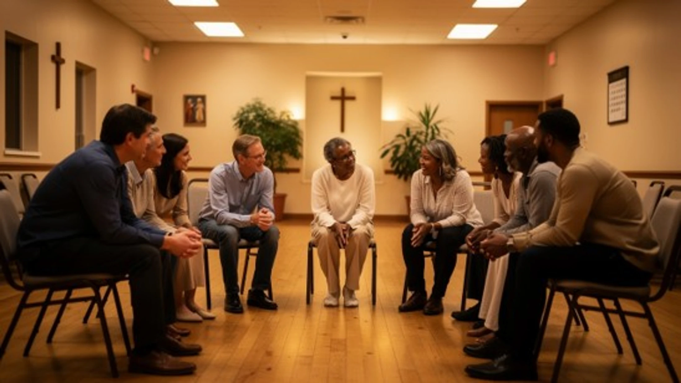 A diverse group of adults sit in a circle in a church meeting room, smiling and talking with each other during a support group or Bible study.