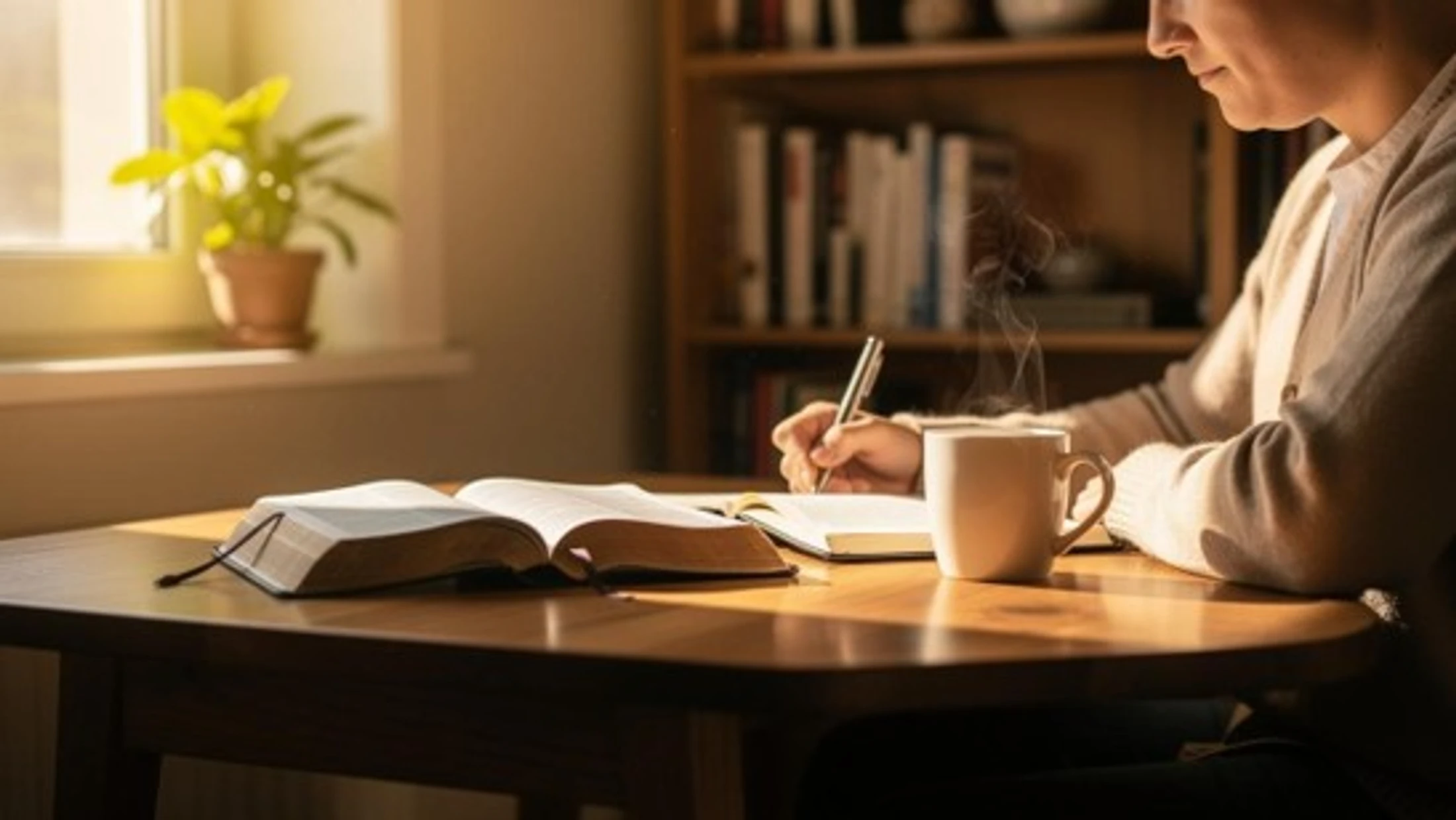 A person sits at a sunlit wooden table, writing in a journal with an open bible and a steaming mug of coffee nearby. A bookshelf is in the background.