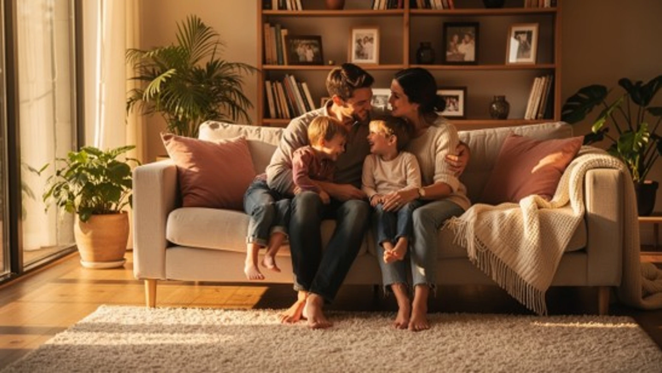 A happy family of four, parents and two young sons, sitting together and laughing on a light-colored couch in a warm, sunlit living room.
