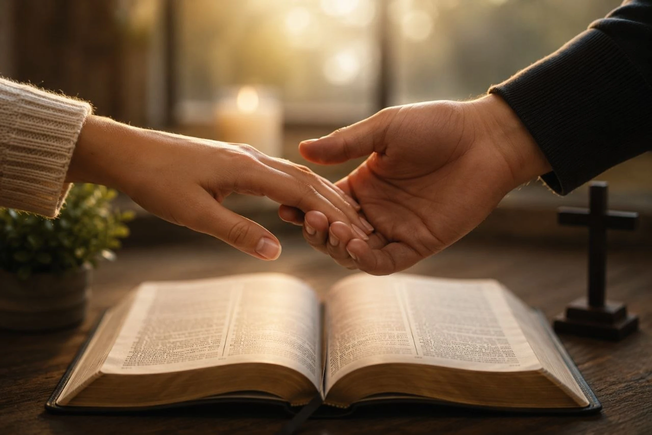 A man and woman gently hold hands over an open Bible on a wooden table. A small cross sits nearby, and warm sunlight fills the room.