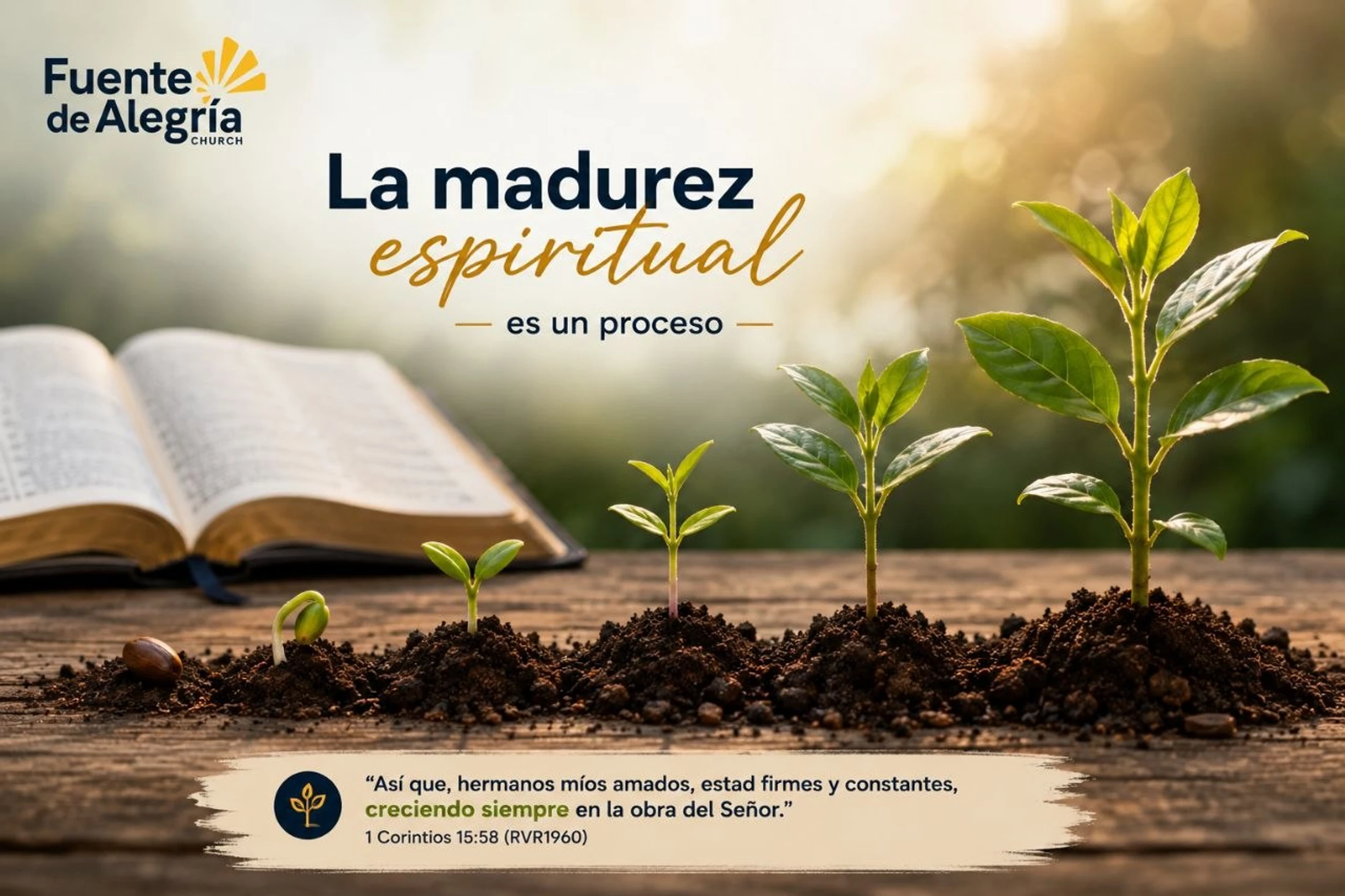 An image symbolizing spiritual growth shows a plant's life stages from seed to sapling. An open Bible is in the background. Text is in Spanish.