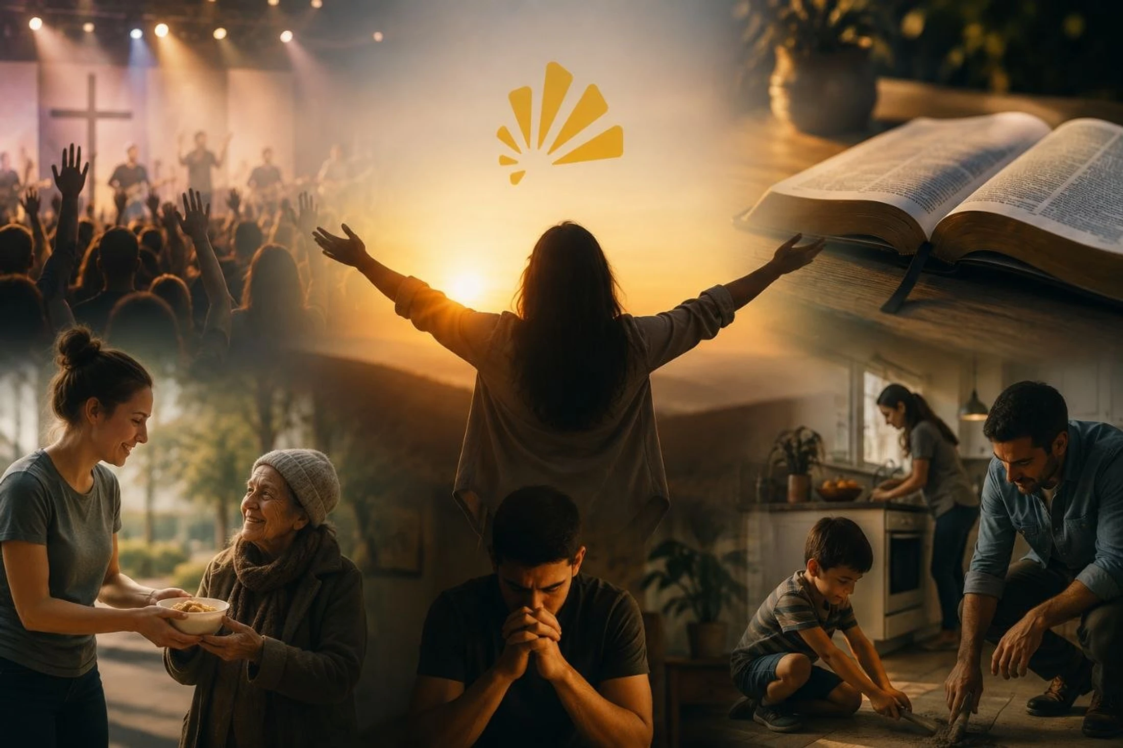 A montage of Christian faith scenes: people worshipping in church, a woman praising at sunrise, an open Bible, prayer, and acts of service and family.