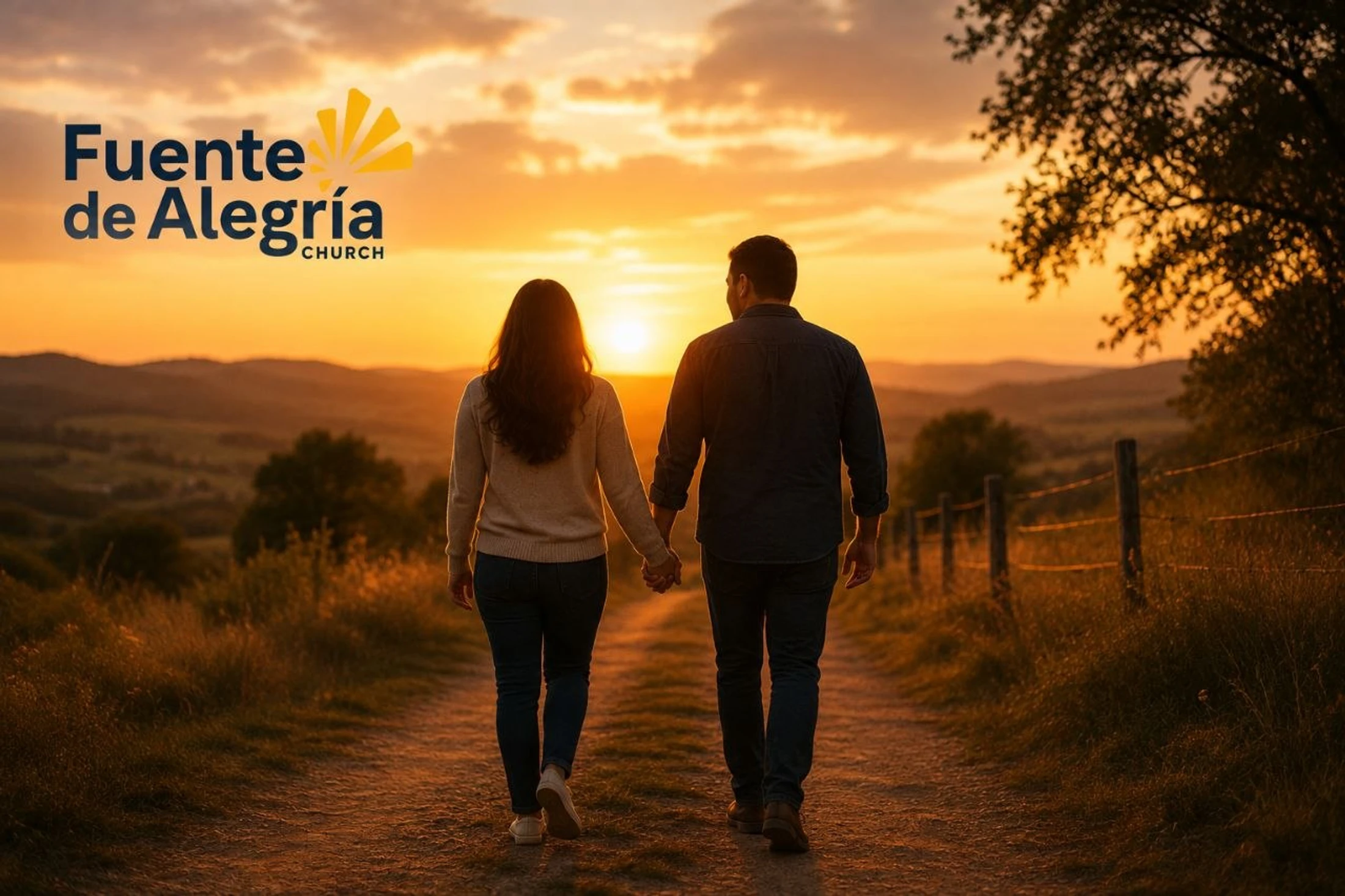 A man and woman hold hands while walking down a country path toward a golden sunset, with the Fuente de Alegría Church logo in the top left corner.