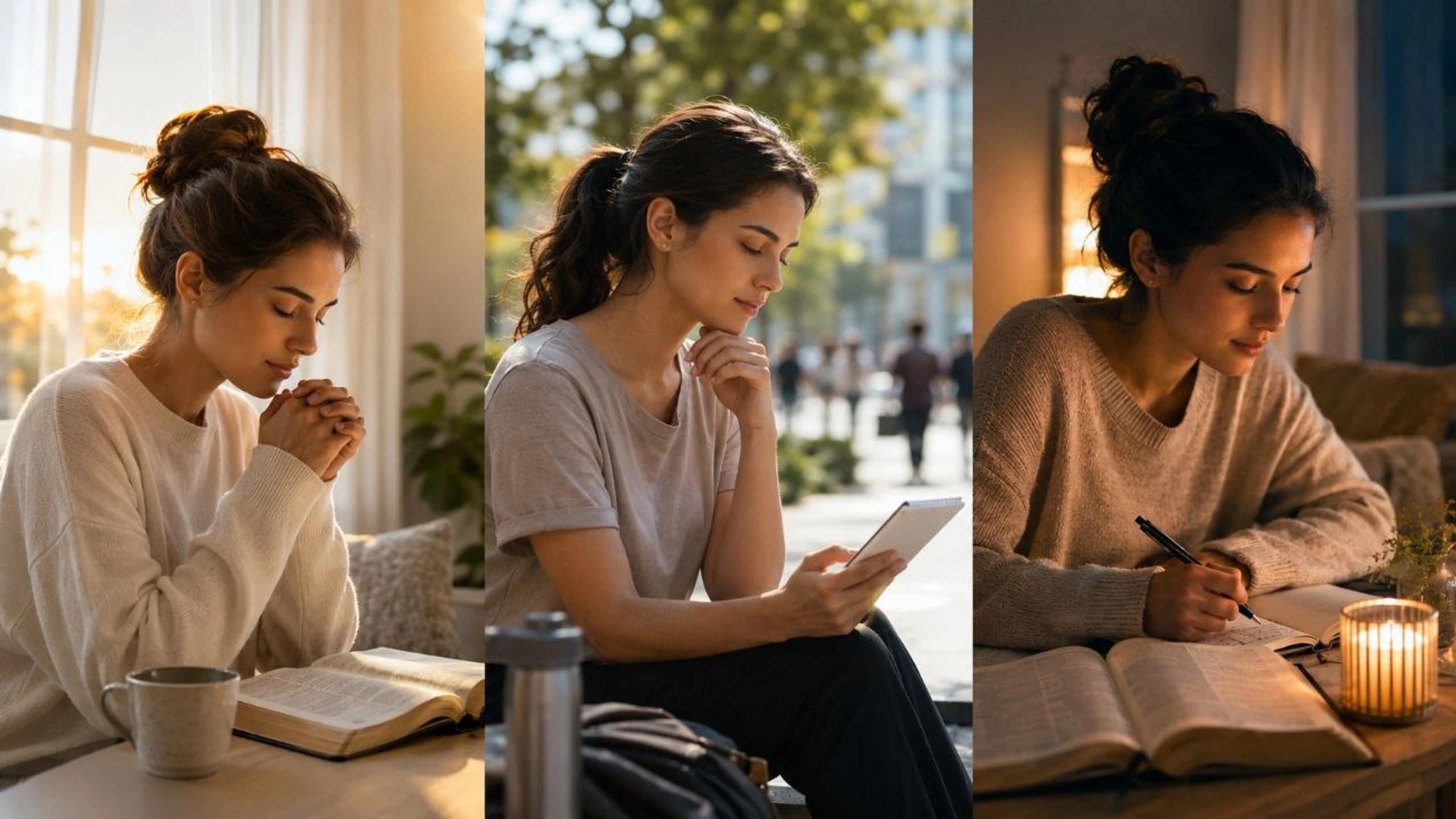 Triptych of a woman praying in the morning, reading a tablet outdoors, and writing in a journal by candlelight in the evening, showing a daily routine.