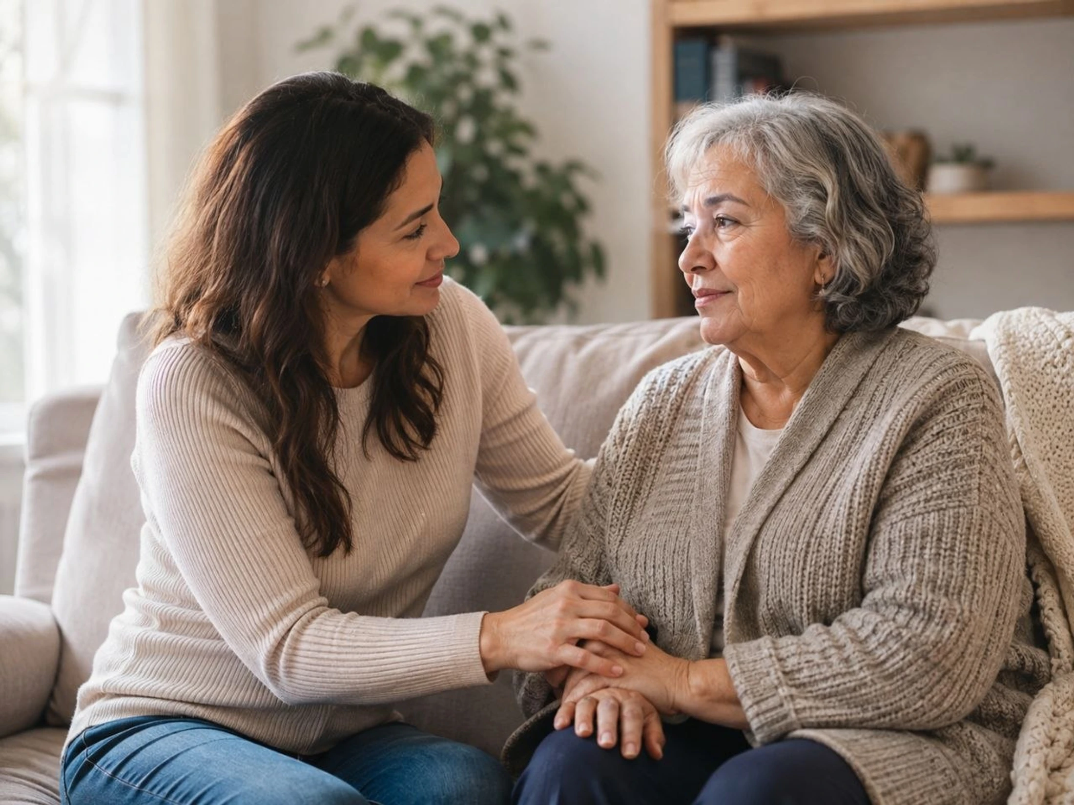 A younger woman comforts an elderly woman while they sit on a couch. The younger woman holds the older woman's hand and arm and looks at her with a kind gaze.