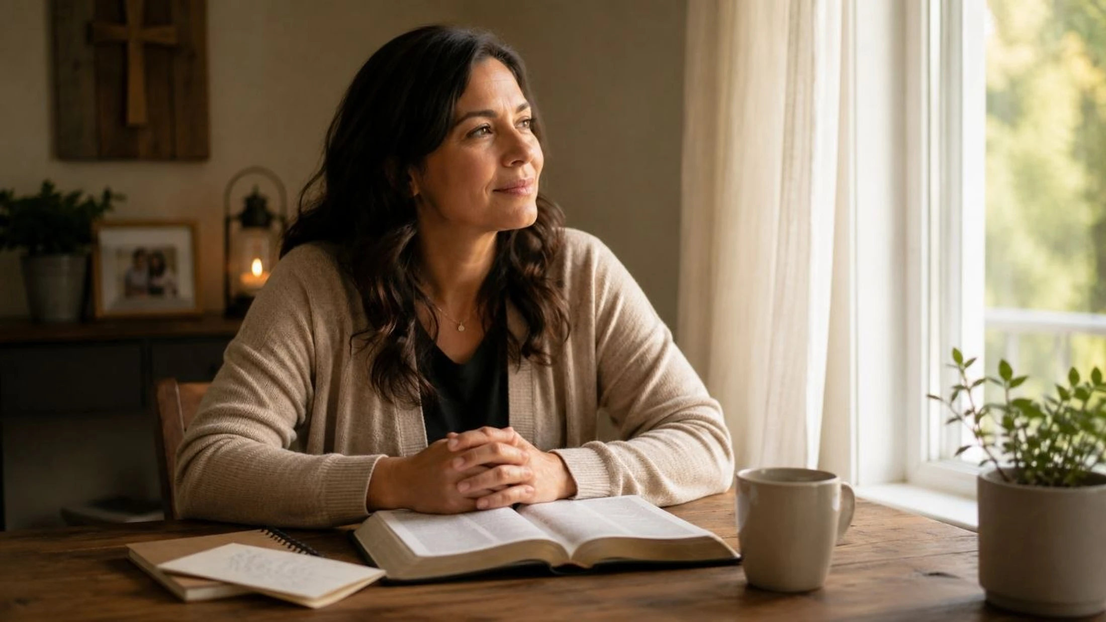 A woman sits at a wooden table with an open Bible, looking peacefully out a window. A mug sits nearby, and a wooden cross hangs on the wall behind her.
