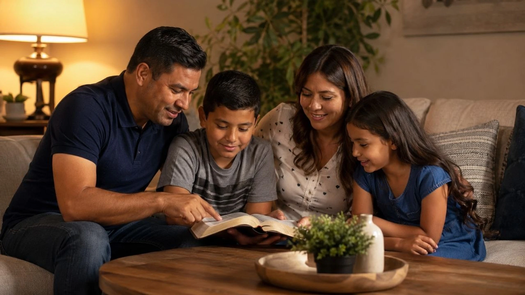 A Hispanic family of four sits together on a couch in their living room, smiling as they read a book, likely the Bible, that the father is holding.