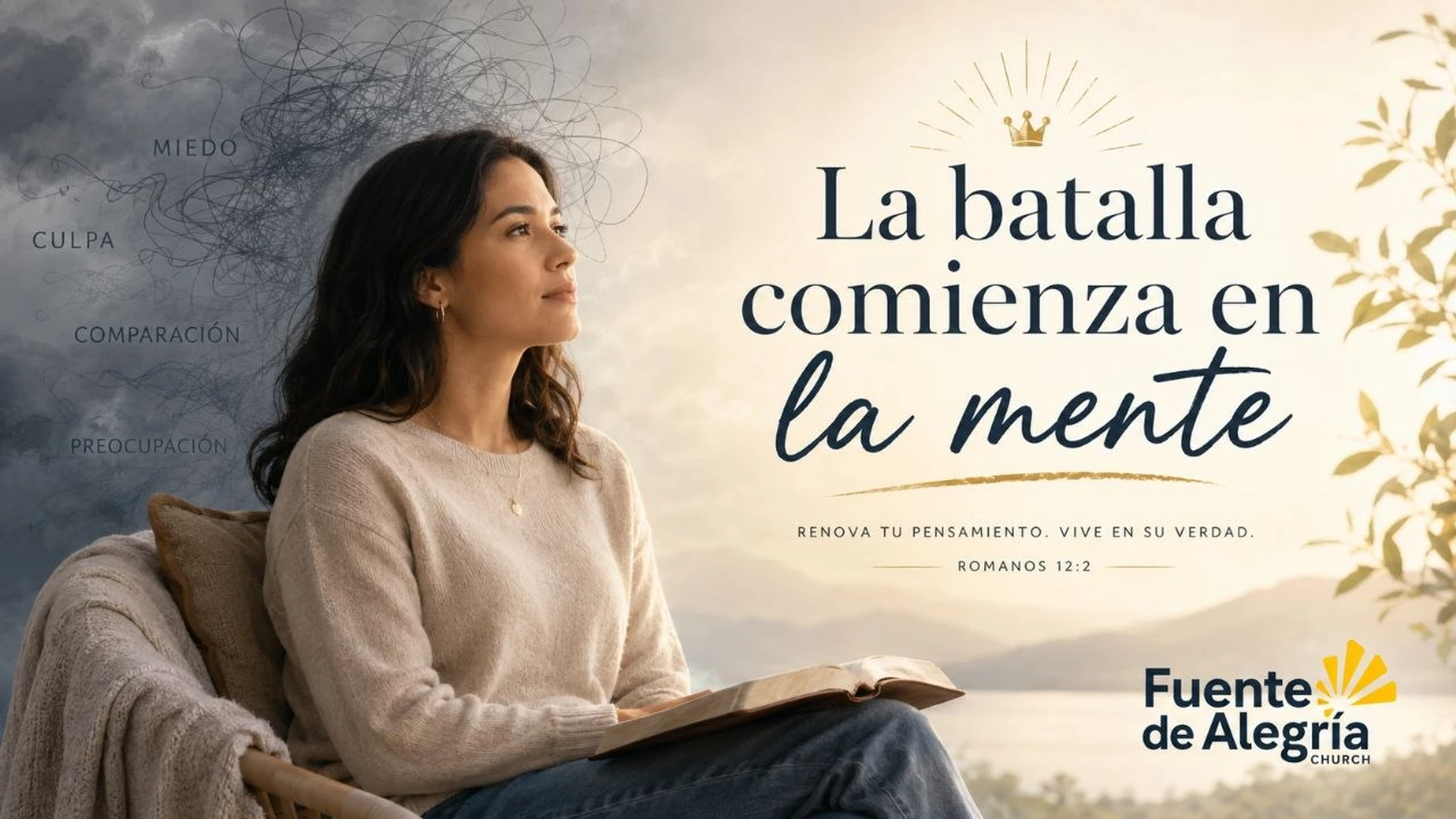 A woman holding a Bible looks hopefully toward a bright sky, turning away from a storm cloud of negative thoughts like fear, guilt, and worry.
