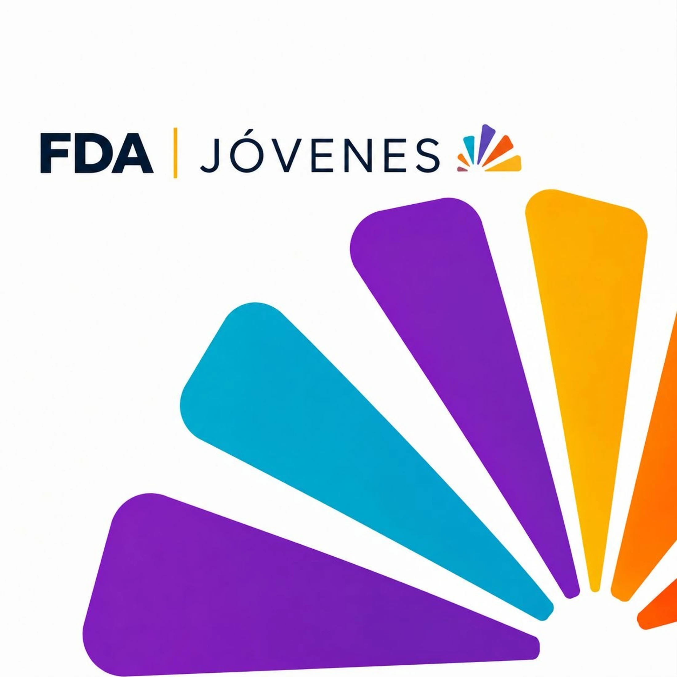 The logo for FDA Jóvenes, which means FDA Youth. Below the text is a large, colorful fan design in purple, blue, yellow, and orange.