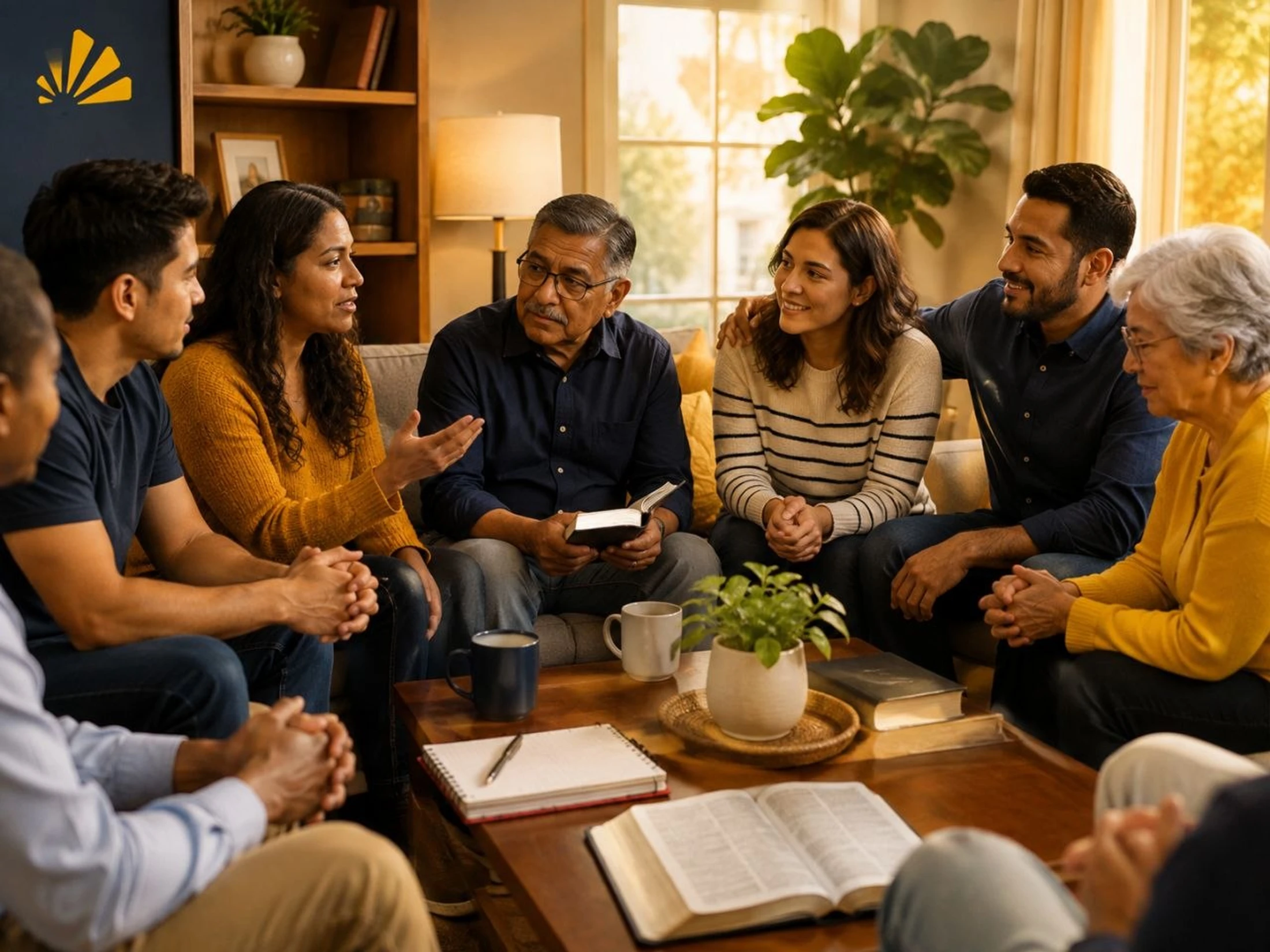 A diverse, multi-generational group sits in a living room for a Bible study. A woman speaks while others listen intently around a coffee table with open books.