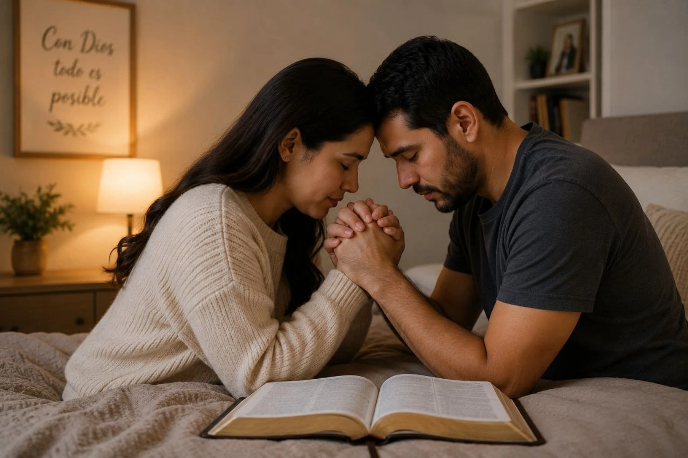 A man and a woman pray together on a bed, their foreheads touching and hands clasped. An open Bible rests in front of them in a warmly lit bedroom.