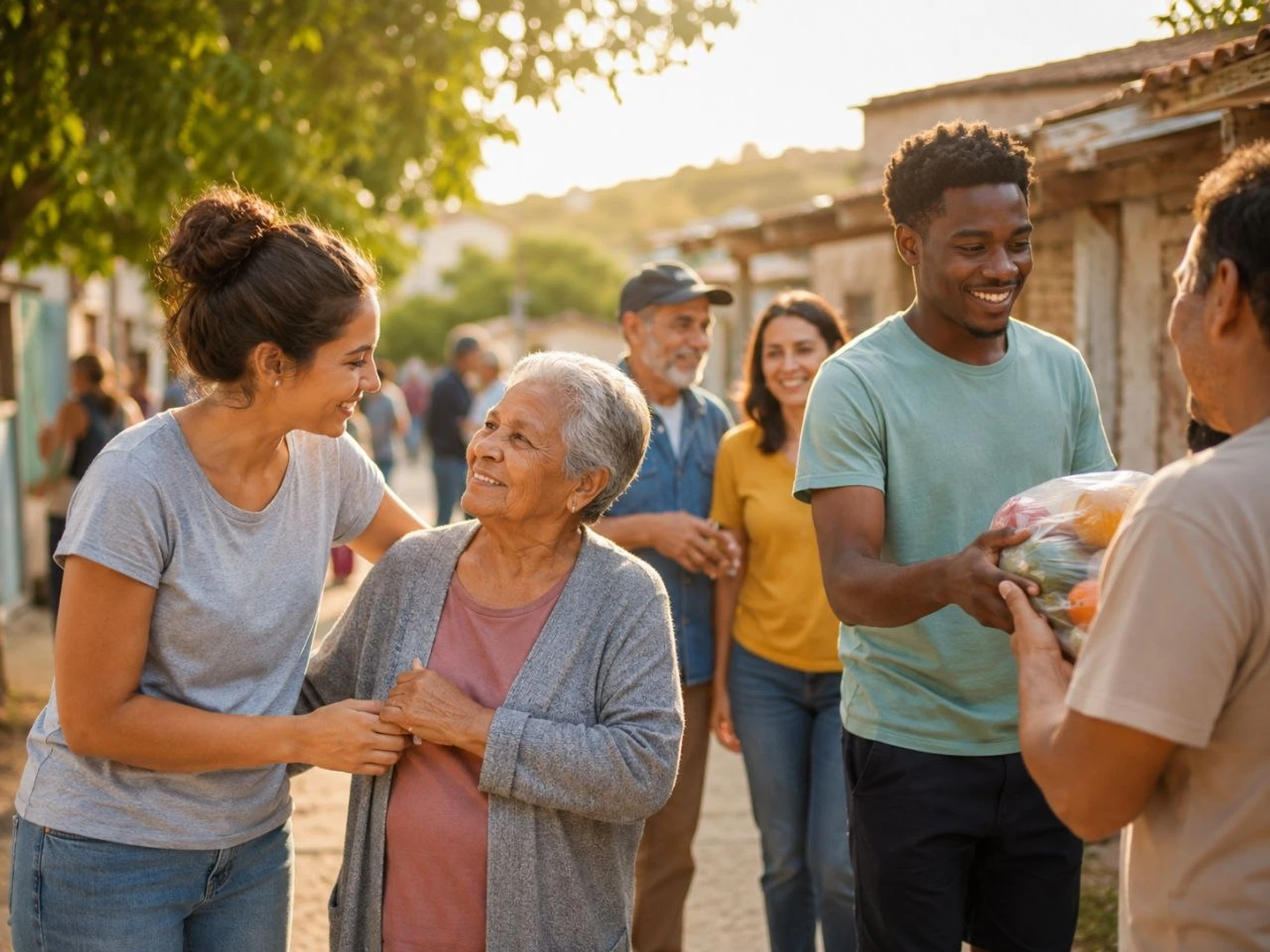 A group of diverse volunteers helping their community. A young man gives a bag of groceries while a young woman smiles at an elderly woman she is assisting.