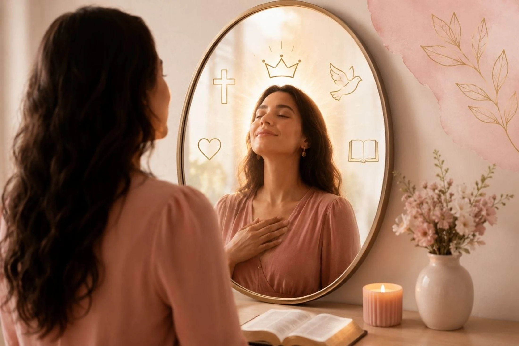 A woman looks in a mirror to see her reflection glowing, surrounded by Christian symbols like a cross, crown, and dove, affirming her spiritual identity.