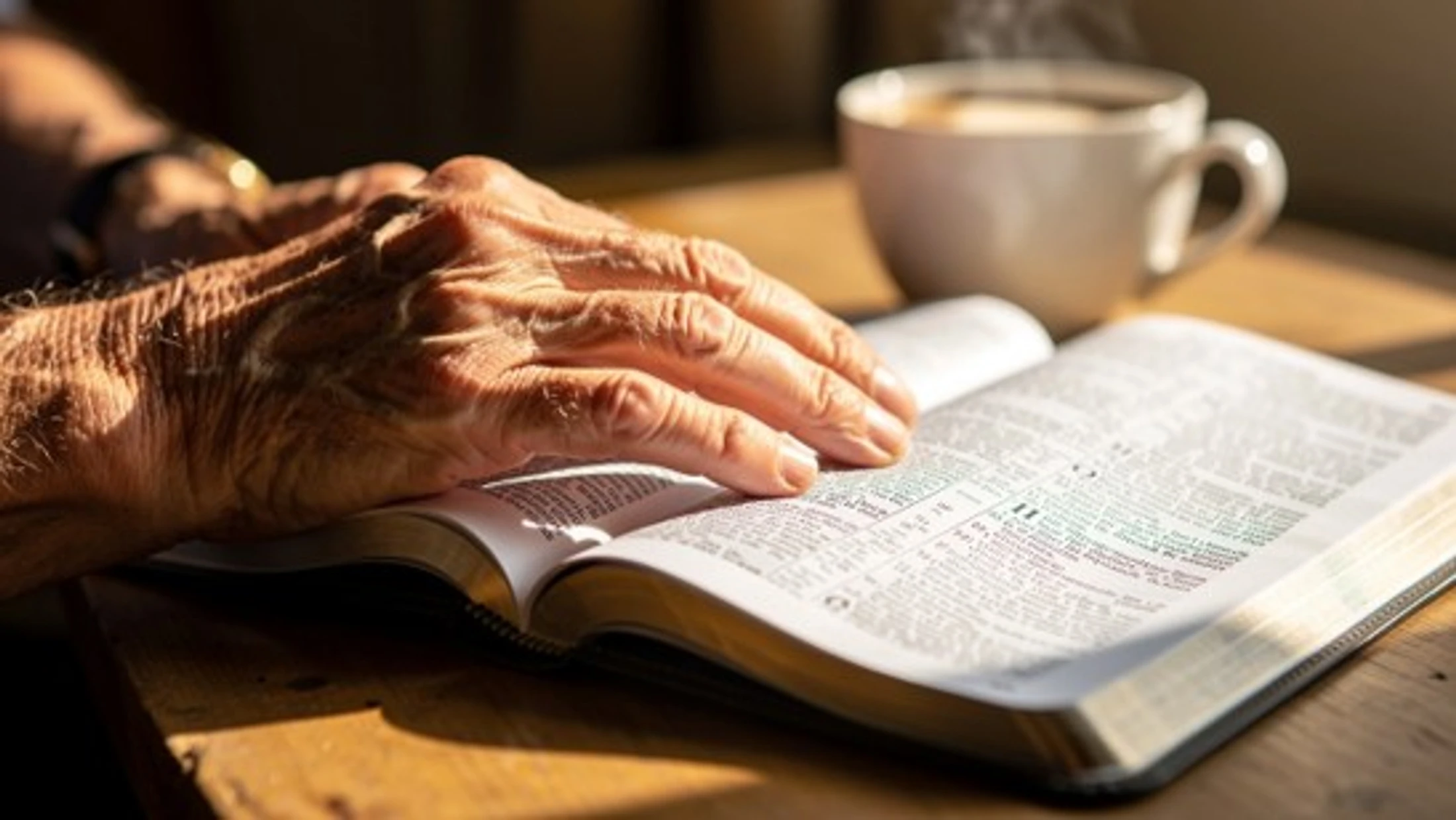 Close-up of an elderly person's wrinkled hands resting on an open Bible. A steaming cup of coffee sits nearby on a sunlit wooden table.