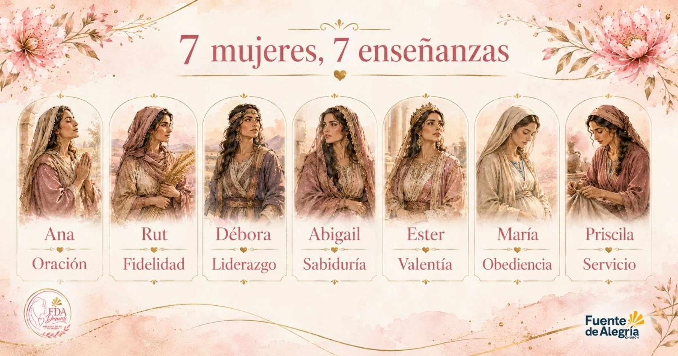 An infographic in Spanish titled '7 women, 7 teachings,' featuring illustrations of biblical women like Mary and Esther, each paired with a specific virtue.