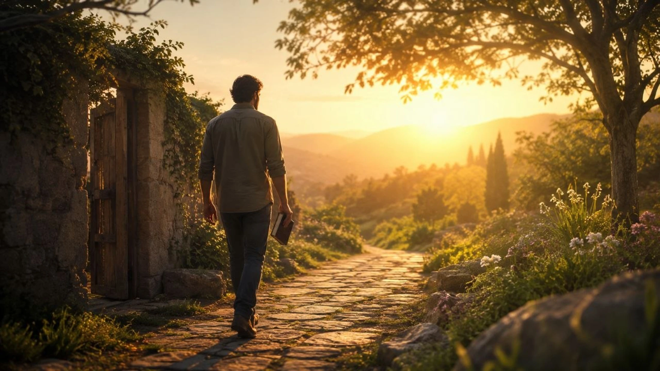 A man seen from behind walks on a cobblestone path toward a golden sunrise, holding a book. To his left is an old stone wall with an open wooden gate.