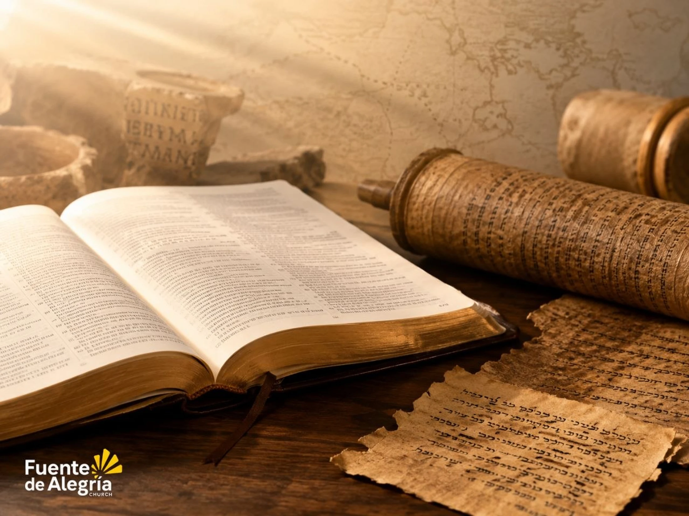An open Bible rests on a table, surrounded by ancient Hebrew scrolls, parchment fragments, and pottery, with a warm light shining down.
