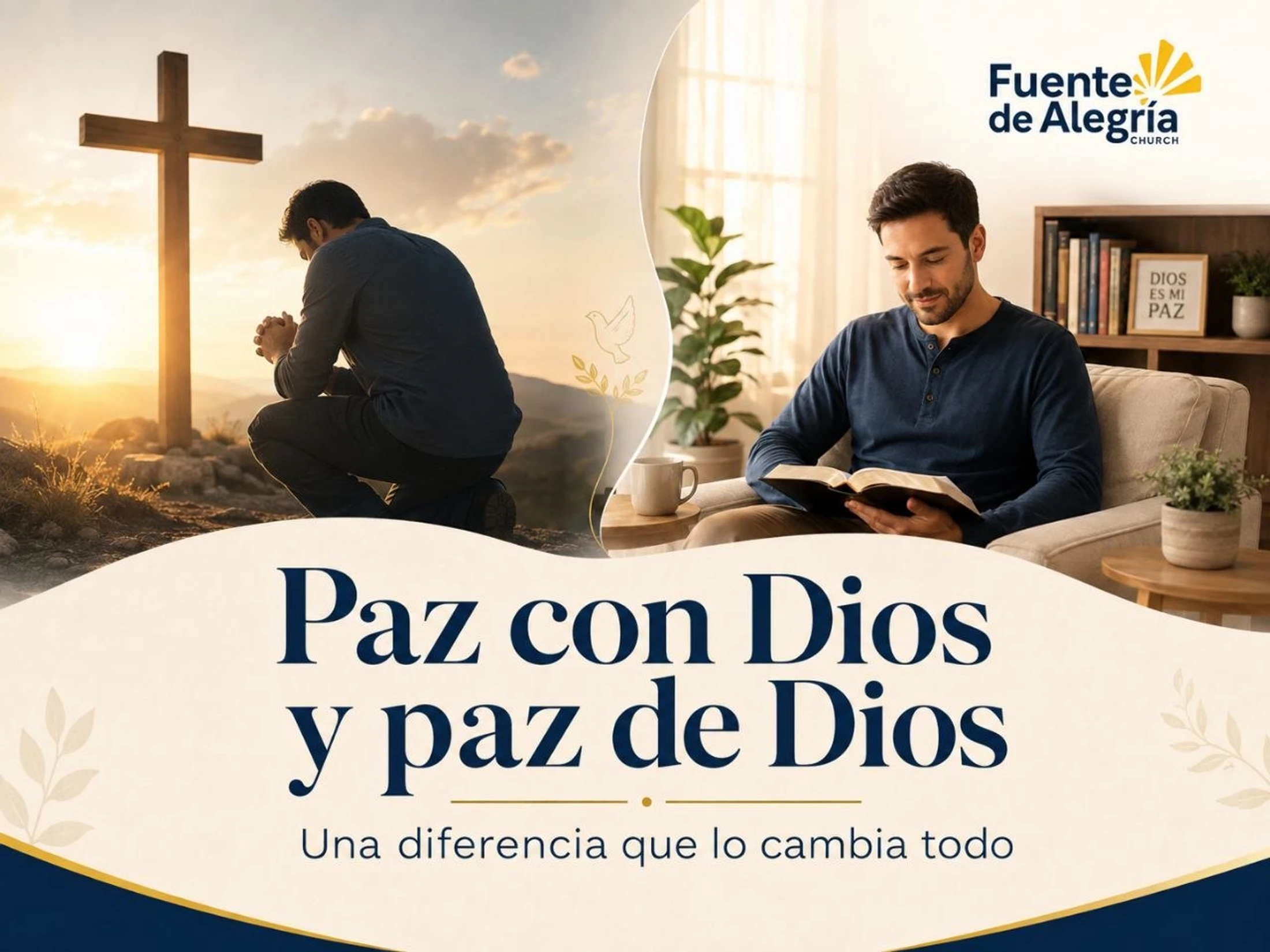A split image contrasts two forms of peace. On the left, a man kneels before a cross at sunrise. On the right, a man peacefully reads a Bible at home.